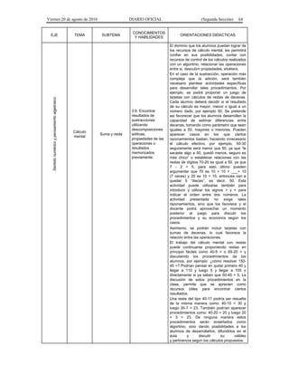 Viernes 20 de agosto de 2010 DIARIO OFICIAL (Segunda Sección) 64
EJE TEMA SUBTEMA
CONOCIMIENTOS
Y HABILIDADES
ORIENTACIONES DIDACTICAS
Sentidonuméricoypensamientoalgebraico
Cálculo
mental
Suma y resta
3.6. Encontrar
resultados de
sustracciones
utilizando
descomposiciones
aditivas,
propiedades de las
operaciones o
resultados
memorizados
previamente.
El dominio que los alumnos puedan lograr de
los recursos de cálculo mental, les permitirá
confiar en sus posibilidades, contar con
recursos de control de los cálculos realizados
con un algoritmo, relacionar las operaciones
entre sí, descubrir propiedades, etcétera.
En el caso de la sustracción, operación más
compleja que la adición, será también
necesario plantear actividades específicas
para desarrollar tales procedimientos. Por
ejemplo, se podrá proponer un juego de
tarjetas con cálculos de restas de decenas.
Cada alumno deberá decidir si el resultado
de su cálculo es mayor, menor o igual a un
número dado, por ejemplo 50. Se pretende
así favorecer que los alumnos desarrollen la
capacidad de estimar diferencias entre
decenas, tomando como parámetro que sean
iguales a 50, mayores o menores. Pueden
aparecer casos en los que ciertos
razonamientos bastan, haciendo innecesario
el cálculo efectivo, por ejemplo, 50-30
seguramente será menor que 50, ya que “le
sacaste algo a 50, quedó menos, seguro es
más chico” o establecer relaciones con las
restas de dígitos 70-20 es igual a 50, ya que
7 - 2 = 5, para esto último pueden
argumentar que 70 es 10 + 10 + ___+ 10
(7 veces) y 20 es 10 + 10, entonces van a
quedar 5 “dieces”, es decir, 50. Esta
actividad puede utilizarse también para
introducir y utilizar los signos > y < para
indicar el orden entre dos números. La
actividad presentada no exige tales
razonamientos, sino que los favorece y el
docente podrá aprovechar un momento
posterior al juego para discutir los
procedimientos y su economía según los
casos.
Asimismo, se podrán incluir tarjetas con
sumas de decenas, lo cual favorece la
relación entre las operaciones.
El trabajo del cálculo mental con restas
puede continuarse proponiendo restas en
principio fáciles como 40-5 = o 65-20 = y
discutiendo los procedimientos de los
alumnos, por ejemplo: ¿cómo resolver 150-
45 =? Podrían pensar en quitar primero 40 y
llegar a 110 y luego 5 y llegar a 105 o
directamente si ya saben que 50-45 = 5. La
discusión de estos procedimientos en la
clase, permite que se aprecien como
recursos útiles para encontrar ciertos
resultados.
Una resta del tipo 40-17 podría ser resuelta
de la misma manera como: 40-10 = 30 y
luego 30-7 = 23. También podrían aparecer
procedimientos como: 40-20 = 20 y luego 20
+ 3 = 23. De ninguna manera estos
procedimientos serán enseñados como
algoritmo, sino dando posibilidades a los
alumnos de desarrollarlos, difundirlos en el
aula y discutir su validez
y pertinencia según los cálculos propuestos.
 