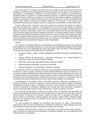 Viernes 20 de agosto de 2010 DIARIO OFICIAL (Segunda Sección) 79
En el cuarto bloque, “Los trabajos y los servicios de mi comunidad”, los alumnos reconocen los recursos
naturales y su importancia para la elaboración de productos que provienen del campo y de las industrias, su
transportación y comercialización. Identifican los servicios públicos y la importancia de la electricidad en
actividades diarias, con énfasis en el manejo adecuado de aparatos e instalaciones eléctricas para evitar
accidentes. Además, identifican los trabajos de la comunidad, las herramientas empleadas y las diferencias
respecto a las del pasado y reflexionan sobre los oficios que han desaparecido. Se promueve la utilización de
fuentes orales, gráficas y escritas para identificar cambios en su comunidad. En este bloque ubican
temporalmente la expropiación petrolera y reconocen la participación de la población en este acontecimiento.
El quinto bloque, “Juntos mejoramos nuestra vida”, considera la importancia del cuidado de la salud, la
prevención de quemaduras y desastres y la participación en acciones a favor del ambiente. Los alumnos
llevan a cabo diversos experimentos con el fin de diferenciar la temperatura de objetos, clasificarlos en fríos o
calientes y promover el autocuidado. A partir de los conocimientos acerca de los tipos de riesgo reflexionan
sobre las acciones básicas para prevenir desastres en el pueblo o la ciudad que habitan. Asimismo, proponen
acciones para el cuidado del ambiente que puedan realizar en la casa, la escuela y otros lugares que visitan.
Relacionan y aplican saberes adquiridos durante el año en un proyecto que promueva el mejoramiento de la
vida de los alumnos y de las personas del lugar donde viven. Además, en “Qué celebramos” reconocen por
qué se festeja el Día Internacional del Trabajo y lo ubican temporalmente.
Proyecto
Los proyectos son estrategias didácticas que representan una oportunidad para que los niños de segundo
grado apliquen los conocimientos adquiridos en el curso a partir de una problemática elegida por ellos mismos
que les permita actuar como exploradores del mundo para indagar y actuar de manera crítica y participativa.
La realización de proyectos en este grado tiene como finalidades:
• Recuperar, fortalecer y aplicar conceptos, habilidades y actitudes para el logro de competencias para
la vida.
• Reforzar actitudes de autovaloración y autocuidado relacionadas con la higiene personal, la
alimentación y la prevención de accidentes y desastres.
• Reconocer el cambio como algo cotidiano referido al pasado y presente.
• Abordar problemas ambientales y sociales de su comunidad.
• Valorar la importancia de su participación y fortalecer su identidad.
Los proyectos se centran en el papel de los alumnos, quienes participan activamente. El papel del profesor
es coordinar y mediar su trabajo, orientarlos a encontrar espacios flexibles de acción que respondan a sus
inquietudes y diseñar procedimientos de trabajo colaborativo que les permitan relacionarse de manera cada
vez más autónoma con los componentes naturales, sociales, culturales y económicos del espacio cercano. En
este grado los alumnos podrán proponer y desarrollar proyectos que se refieran a su medio local a partir del
conocimiento que tienen del lugar donde viven y de las relaciones que establece con otros lugares.
La metodología de un proyecto consta de tres fases: planeación, desarrollo y socialización. En la
planeación, el profesor y los alumnos vislumbran su alcance mediante la elección del problema y la definición
de propósitos; el profesor indaga con preguntas lo que saben sobre el problema, reflexionan de manera
conjunta la importancia de investigarlo y establecen qué se puede hacer para solucionarlo. El profesor lo
vincula con los aprendizajes esperados, define preguntas guía y propone actividades y productos.
En el desarrollo de actividades, el docente los guía para definir las actividades más adecuadas que
promuevan la investigación y el análisis de la temática seleccionada, a partir de la consulta de libros, internet y
diversas fuentes, la realización de entrevistas y salidas de campo. Con la supervisión del profesor, los
alumnos realizan las actividades y obtienen productos como croquis, carteles, folletos, maquetas, dibujos,
entre otros. Es importante promover la participación de los padres de familia con acciones que de manera
conjunta puedan realizar.
Los niños socializan los resultados con actividades para comunicar sus ideas y descubrimientos:
presentaciones orales, ensayos, dramatizaciones, simulaciones, conferencias y mesas redondas, entre otras.
Estos resultados se pueden presentar a las familias y compañeros de la escuela.
La evaluación del proyecto debe centrarse en la participación de los alumnos de manera individual y
grupal, considerando el desarrollo de las actividades y los productos realizados, así como la aplicación de los
conocimientos en su vida cotidiana.
 