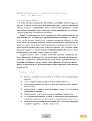 XI.5.	Tercer periodo escolar, al concluir     el sexto grado de primaria,
	     entre 11 y 12 años de edad


XI.5.1. Estándares   de   Español
En el Tercer periodo, los estudiantes consolidan su aprendizaje sobre la lengua, en
particular la escrita, y lo aplican a situaciones concretas y continúan aprendiendo
sobre su uso; están en posibilidad de identificar información específica de un texto
para resolver problemas concretos, recurriendo a diferentes estrategias, como buscar,
seleccionar, resumir y complementar información.
    Avanzan considerablemente en el reconocimiento de las características de los
tipos de textos y en la interpretación de la información que contienen. Sus produc-
ciones escritas expresan conocimientos e ideas de manera clara, establecen el orden
de los temas y explicitan las relaciones de causa y consecuencia, pero también las
ajustan de acuerdo con la audiencia a las que se dirigen; distinguen las diferencias y
contextos de uso del lenguaje formal e informal. En resumen, producen textos de for-
ma autónoma, a partir de la información provista por dos o tres fuentes, con un avance
considerable en el uso de las convenciones ortográficas.
    Sus participaciones orales se ajustan a diferentes contextos y audiencias, me-
diante la integración de juicios críticos y argumentos para persuadir de manera oral.
Identifican y comparten su gusto por algunos temas, autores y géneros literarios, y
consolidan su disposición por leer, escribir, hablar o escuchar; de tal manera que evi-
dencian el desarrollo de una actitud positiva para seguir aprendiendo por medio del
lenguaje escrito.


1. Procesos de lectura


    1.1.	 Identifica y usa información específica de un texto para resolver problemas
          concretos.
    1.2.	 Formula preguntas precisas para guiar su búsqueda de información.
    1.3.	 Comprende los aspectos centrales de un texto (tema, eventos, trama y persona-
          jes involucrados).
    1.4.	 Identifica el orden y establece relaciones de causa y efecto en la trama de una
          variedad de tipos textuales.
    1.5.	 Infiere información en un texto para recuperar aquella que no se explicita.
    1.6.	 Lee y comprende una variedad de textos de mediana dificultad y puede notar
          contradicciones, semejanzas y diferencias entre los que abordan un mismo tema.
    1.7.	 Identifica las ideas principales de un texto y selecciona información para resolver
          necesidades específicas y sustentar sus argumentos.




                                          268
 