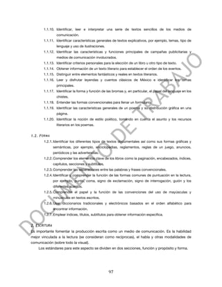  


          1.1.10. Identificar, leer e interpretar una serie de textos sencillos de los medios de
                  comunicación.
          1.1.11. Identificar características generales de textos explicativos, por ejemplo, temas, tipo de
                  lenguaje y uso de ilustraciones.
          1.1.12. Identificar las características y funciones principales de campañas publicitarias y
                  medios de comunicación involucrados.
          1.1.13. Identificar criterios personales para la elección de un libro u otro tipo de texto.
          1.1.14. Obtener información de un texto literario para establecer el orden de los eventos.
          1.1.15. Distinguir entre elementos fantásticos y reales en textos literarios.
          1.1.16. Leer y disfrutar leyendas y cuentos clásicos de México e identificar los temas
                  principales.
          1.1.17. Identificar la forma y función de las bromas y, en particular, el papel del lenguaje en los
                  chistes.
          1.1.18. Entender las formas convencionales para llenar un formulario.
          1.1.19. Identificar las características generales de un poema y su distribución gráfica en una
                  página.
          1.1.20. Identificar la noción de estilo poético, tomando en cuenta el asunto y los recursos
                  literarios en los poemas.


1.2. F ORMA
          1.2.1. Identificar los diferentes tipos de textos documentales así como sus formas gráficas y
                semánticas, por ejemplo, enciclopedias, reglamentos, reglas de un juego, anuncios,
                periódicos y las advertencias.
          1.2.2. Comprender los elementos clave de los libros como la paginación, encabezados, índices,
                capítulos, secciones y subtítulos.
          1.2.3. Comprender las separaciones entre las palabras y frases convencionales.
          1.2.4. Identificar y comprender la función de las formas comunes de puntuación en la lectura,
                por ejemplo, punto, coma, signo de exclamación, signo de interrogación, guión y los
                diferentes acentos.
          1.2.5. Comprender el papel y la función de las convenciones del uso de mayúsculas y
                minúsculas en textos escritos.
          1.2.6. Usar diccionarios tradicionales y electrónicos basados en el orden alfabético para
                encontrar información.
          1.2.7. Emplear índices, títulos, subtítulos para obtener información específica.


2. ESCRITURA
Es importante fomentar la producción escrita como un medio de comunicación. Es la habilidad
mejor vinculada a la lectura (se consideran como recíprocas), el habla y otras modalidades de
comunicación (sobre todo la visual).
       Los estándares para este aspecto se dividen en dos secciones, función y propósito y forma.




	
                                                    97	
  
 