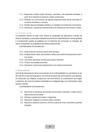2.1.1.	 Reaccionar a textos orales rutinarios, conocidos y de ambientes familiares, a
            partir de la experiencia personal y pistas contextuales.
     2.1.2.	 Participar en la formulación de algunas preguntas sobre temas conocidos en
            contextos familiares y rutinarios.
     2.1.3.	 Emplear algunas estrategias verbales y no verbales en la interacción comunicativa.
     2.1.4.	 Interactuar y reaccionar positivamente a los intentos de comunicación verbal.


2.2. Expresión escrita
La expresión escrita en este nivel implica la capacidad de reaccionar a textos de
entorno familiares y conocidos mediante la producción espontánea de marcas gráficas
y la producción guiada de palabras con la intención de comunicar un mensaje, así
como comprender los propósitos de dichas producciones.
     Los Estándares Curriculares son:


     2.2.1.	 Imitar actos de escritura cuando otros escriben.
     2.2.2.	 Emplear textos vistos, escuchados o leídos como estímulo para producir es­ ri­
                                                                                      c
            tura propia.
     2.2.3.	 Usar letras del propio nombre para producir escritura.
     2.2.4.	 Producir sus propias escrituras.
     2.2.5.	 Interactuar y reaccionar positivamente a los intentos de escritura.


3. Multimodalidad
Una de las dimensiones de la comunicación es la multimodalidad, la cual implica el uso
de más de un tipo de lenguaje en una misma situación de comunicación; por ejemplo,
la interacción con objetos, la ejecución de movimientos, la combinación de imagen
y escritura, así como los textos multimedia con imágenes fijas y en movimiento, texto
escrito y sonido.
     Los Estándares Curriculares son:


      3.1.	 Reconocer la existencia de diversas herramientas culturales y medios tec­ o­
                                                                                    n
            lógicos para comunicarse.
      3.2.	 Distinguir experiencias reales o imaginarias.
      3.3.	 Relacionar imágenes con textos orales y escritos.
      3.4.	 Reproducir patrones sonoros y rítmicos a partir de rimas, canciones y poemas
            infantiles.




                                                 91
 