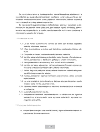 Su conocimiento sobre el funcionamiento y uso del lenguaje se relaciona con la
necesidad de que sus producciones orales y escritas se comprendan, por lo que par-
ticipan en eventos comunicativos orales, presentan información a partir de un orden e
introducen explicaciones y generan argumentos.
     Se hace evidente su preferencia por ciertos temas y autores, y consolidan su dis-
posición por leer, escribir, hablar y escuchar, para trabajar, llegar a acuerdos y, particu-
larmente, seguir aprendiendo, lo que les permite desarrollar un concepto positivo de sí
mismos como usuarios del lenguaje.


1. Procesos de lectura


      1.1.	 Lee de manera autónoma una variedad de textos con diversos propósitos:
           aprender, informarse, divertirse.
      1.2.	 Infiere el contenido de un texto a partir de índices, encabezados, títulos y sub-
           títulos.
      1.3.	 Comprende la trama o los argumentos expuestos en los textos.
      1.4.	 Identifica las características generales de los textos literarios, informativos y na-
           rrativos, considerando su distribución gráfica y su función comunicativa.
      1.5.	 Distingue elementos de la realidad y de la fantasía en textos literarios.
      1.6.	 Identifica los textos adecuados y los fragmentos específicos para obtener, co-
           rroborar o contrastar información sobre un tema determinado.
      1.7.	 Plantea preguntas para guiar la búsqueda de información e identifica fragmen-
           tos del texto para responder a éstas.
      1.8.	 Investiga, selecciona y organiza información para comunicar a otros, acerca de
           diversos temas.
      1.9.	 Lee una variedad de textos literarios y distingue algunas diferencias: poesía,
           obras de teatro, novelas y cuentos cortos.
     1.10.	 Desarrolla criterios personales para la elección o recomendación de un texto de
           su preferencia.
     1.11.	 Muestra fluidez al leer en voz alta.
     1.12.	 Interpreta adecuadamente, de manera cercana a la convencional, los signos de
           puntuación en la lectura: punto, coma, signos de exclamación, signos de inte-
           rrogación, guión y tilde.


2. Producción de textos escritos


     2.1.	 Emplea la escritura para comunicar sus ideas y organizar información sobre te-
           mas diversos de manera autónoma.




                                               123
 