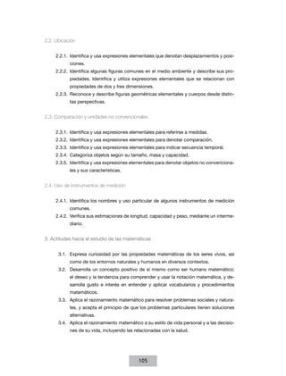 2.2. Ubicación
2.2.1.	 Identifica y usa expresiones elementales que denotan desplazamientos y posiciones.
2.2.2.	 Identifica algunas figuras comunes en el medio ambiente y describe sus propiedades. Identifica y utiliza expresiones elementales que se relacionan con
propiedades de dos y tres dimensiones.
2.2.3.	 Reconoce y describe figuras geométricas elementales y cuerpos desde distintas perspectivas.

2.3. Comparación y unidades no convencionales
2.3.1.	 Identifica y usa expresiones elementales para referirse a medidas.
2.3.2.	 Identifica y usa expresiones elementales para denotar comparación.
2.3.3.	 Identifica y usa expresiones elementales para indicar secuencia temporal.
2.3.4.	 Categoriza objetos según su tamaño, masa y capacidad.
2.3.5.	 Identifica y usa expresiones elementales para denotar objetos no convencionales y sus características.

2.4. Uso de instrumentos de medición
2.4.1.	Identifica los nombres y uso particular de algunos instrumentos de medición
comunes.
2.4.2.	 Verifica sus estimaciones de longitud, capacidad y peso, mediante un intermediario.

3. Actitudes hacia el estudio de las matemáticas
3.1.	 Expresa curiosidad por las propiedades matemáticas de los seres vivos, así
como de los entornos naturales y humanos en diversos contextos.
3.2.	 Desarrolla un concepto positivo de sí mismo como ser humano matemático;
el deseo y la tendencia para comprender y usar la notación matemática, y desarrolla gusto e interés en entender y aplicar vocabularios y procedimientos
matemáticos.
3.3.	 Aplica el razonamiento matemático para resolver problemas sociales y naturales, y acepta el principio de que los problemas particulares tienen soluciones
alternativas.
3.4.	 Aplica el razonamiento matemático a su estilo de vida personal y a las decisiones de su vida, incluyendo las relacionadas con la salud.

105

 