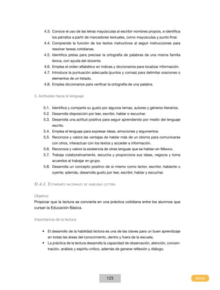 4.3.	 Conoce el uso de las letras mayúsculas al escribir nombres propios, e identifica
los párrafos a partir de marcadores textuales, como mayúsculas y punto final.

4.4.	 Comprende la función de los textos instructivos al seguir instrucciones para
resolver tareas cotidianas.

4.5.	 Identifica pistas para precisar la ortografía de palabras de una misma familia
léxica, con ayuda del docente.

4.6.	 Emplea el orden alfabético en índices y diccionarios para localizar información.
4.7.	 Introduce la puntuación adecuada (puntos y comas) para delimitar oraciones o
elementos de un listado.

4.8.	 Emplea diccionarios para verificar la ortografía de una palabra.
5. Actitudes hacia el lenguaje
5.1.	 Identifica y comparte su gusto por algunos temas, autores y géneros literarios.
5.2.	 Desarrolla disposición por leer, escribir, hablar o escuchar.
5.3.	 Desarrolla una actitud positiva para seguir aprendiendo por medio del lenguaje
escrito.

5.4.	 Emplea el lenguaje para expresar ideas, emociones y argumentos.
5.5.	 Reconoce y valora las ventajas de hablar más de un idioma para comunicarse
con otros, interactuar con los textos y acceder a información.

5.6.	 Reconoce y valora la existencia de otras lenguas que se hablan en México.
5.7.	 Trabaja colaborativamente, escucha y proporciona sus ideas, negocia y toma
acuerdos al trabajar en grupo.

5.8.	 Desarrolla un concepto positivo de sí mismo como lector, escritor, hablante u
oyente; además, desarrolla gusto por leer, escribir, hablar y escuchar.

XI.4.2. Estándares

nacionales de habilidad lectora

Objetivo
Propiciar que la lectura se convierta en una práctica cotidiana entre los alumnos que
cursan la Educación Básica.
Importancia de la lectura
•	 El desarrollo de la habilidad lectora es una de las claves para un buen aprendizaje
en todas las áreas del conocimiento, dentro y fuera de la escuela.

•	 La práctica de la lectura desarrolla la capacidad de observación, atención, concentración, análisis y espíritu crítico, además de generar reflexión y diálogo.

125

 