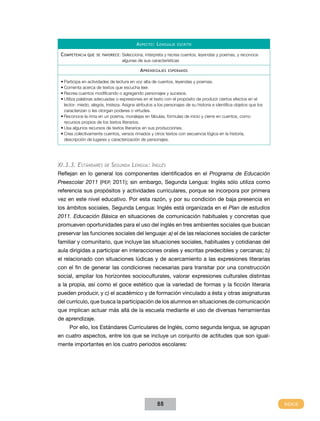 A specto : L enguaje
C ompetencia que

se favorece :

escrito

Selecciona, interpreta y recrea cuentos, leyendas y poemas, y reconoce
algunas de sus características

A prendizajes

esperados

•	Participa en actividades de lectura en voz alta de cuentos, leyendas y poemas.
•	Comenta acerca de textos que escucha leer.
•	Recrea cuentos modificando o agregando personajes y sucesos.
•	Utiliza palabras adecuadas o expresiones en el texto con el propósito de producir ciertos efectos en el
lector: miedo, alegría, tristeza. Asigna atributos a los personajes de su historia e identifica objetos que los
caracterizan o les otorgan poderes o virtudes.
•	Reconoce la rima en un poema, moralejas en fábulas, fórmulas de inicio y cierre en cuentos, como
recursos propios de los textos literarios.
•	Usa algunos recursos de textos literarios en sus producciones.
•	Crea colectivamente cuentos, versos rimados y otros textos con secuencia lógica en la historia,
descripción de lugares y caracterización de personajes.

XI.3.3. Estándares

de

Segunda Lengua: Inglés

Reflejan en lo general los componentes identificados en el Programa de Educación
Preescolar 2011 (PEP, 2011); sin embargo, Segunda Lengua: Inglés sólo utiliza como
referencia sus propósitos y actividades curriculares, porque se incorpora por primera
vez en este nivel educativo. Por esta razón, y por su condición de baja presencia en
los ámbitos sociales, Segunda Lengua: Inglés está organizada en el Plan de estudios
2011. Educación Básica en situaciones de comunicación habituales y concretas que
promueven oportunidades para el uso del inglés en tres ambientes sociales que buscan
preservar las funciones sociales del lenguaje: a) el de las relaciones sociales de carácter
familiar y comunitario, que incluye las situaciones sociales, habituales y cotidianas del
aula dirigidas a participar en interacciones orales y escritas predecibles y cercanas; b)
el relacionado con situaciones lúdicas y de acercamiento a las expresiones literarias
con el fin de generar las condiciones necesarias para transitar por una construcción
c
social, ampliar los horizontes socio­ ulturales, valorar expresiones culturales distintas
a la propia, así como el goce estético que la variedad de formas y la ficción literaria
pueden producir, y c) el académico y de formación vinculado a ésta y otras asignaturas
del currículo, que busca la participación de los alumnos en situaciones de comunicación
que implican actuar más allá de la escuela mediante el uso de diversas herramientas
de aprendizaje.
Por ello, los Estándares Curriculares de Inglés, como segunda lengua, se agrupan
en cuatro aspectos, entre los que se incluye un conjunto de actitudes que son igualmente importantes en los cuatro periodos escolares:

88

 