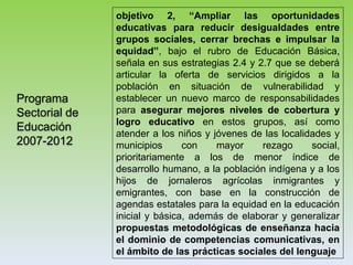 Programa
Sectorial de
Educación
2007-2012
objetivo 2, “Ampliar las oportunidades
educativas para reducir desigualdades entre
grupos sociales, cerrar brechas e impulsar la
equidad”, bajo el rubro de Educación Básica,
señala en sus estrategias 2.4 y 2.7 que se deberá
articular la oferta de servicios dirigidos a la
población en situación de vulnerabilidad y
establecer un nuevo marco de responsabilidades
para asegurar mejores niveles de cobertura y
logro educativo en estos grupos, así como
atender a los niños y jóvenes de las localidades y
municipios con mayor rezago social,
prioritariamente a los de menor índice de
desarrollo humano, a la población indígena y a los
hijos de jornaleros agrícolas inmigrantes y
emigrantes, con base en la construcción de
agendas estatales para la equidad en la educación
inicial y básica, además de elaborar y generalizar
propuestas metodológicas de enseñanza hacia
el dominio de competencias comunicativas, en
el ámbito de las prácticas sociales del lenguaje
 