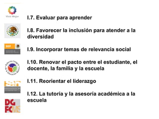 I.7. Evaluar para aprender
I.8. Favorecer la inclusión para atender a la
diversidad
I.9. Incorporar temas de relevancia social
I.10. Renovar el pacto entre el estudiante, el
docente, la familia y la escuela
I.11. Reorientar el liderazgo
I.12. La tutoría y la asesoría académica a la
escuela
 