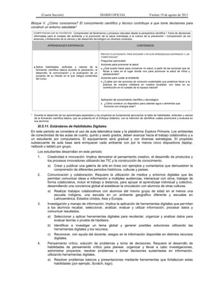 (Cuarta Sección)                                  DIARIO OFICIAL                            Viernes 19 de agosto de 2011

Bloque V. ¿Cómo conocemos? El conocimiento científico y técnico contribuye a que tome decisiones para
construir un entorno saludable*
  COMPETENCIAS QUE SE FAVORECEN: Comprensión de fenómenos y procesos naturales desde la perspectiva científica • Toma de decisiones
  informadas para el cuidado del ambiente y la promoción de la salud orientadas a la cultura de la prevención • Comprensión de los
  alcances y limitaciones de la ciencia y del desarrollo tecnológico en diversos contextos

              APRENDIZAJES ESPERADOS                                                       CONTENIDOS


                                                            PROYECTO ESTUDIANTIL PARA INTEGRAR Y APLICAR APRENDIZAJES ESPERADOS Y LAS
                                                            COMPETENCIAS*
                                                            Preguntas opcionales:
                                                            Acciones para promover la salud.
   Aplica habilidades, actitudes y valores de la            ¿Qué puedo hacer para conservar mi salud, a partir de las acciones que se
    formación científica básica durante la planeación, el
                                                              llevan a cabo en el lugar donde vivo para promover la salud de niños y
    desarrollo, la comunicación y la evaluación de un
                                                              adolescentes?
    proyecto de su interés en el que integra contenidos
    del curso.                                              Acciones para cuidar al ambiente.
                                                             ¿Cuáles son las acciones de consumo sustentable que podemos llevar a la
                                                              práctica de manera cotidiana en nuestra localidad, con base en su
                                                              contribución en el cuidado de la riqueza natural?



                                                            Aplicación de conocimiento científico y tecnológico.
                                                             ¿Cómo construir un dispositivo para calentar agua o alimentos que
                                                              funcione con energía solar?


* Durante el desarrollo de los aprendizajes esperados y los proyectos es fundamental aprovechar la tabla de habilidades, actitudes y valores
  de la formación científica básica, que se presenta en el Enfoque didáctico, con la intención de identificar cuáles promoverá y evaluará en
  sus alumnos.

     XI.5.11. Estándares de Habilidades Digitales
En este periodo se considera el uso de aula telemática base y la plataforma Explora Primaria. Los ambientes
de conectividad de las aulas de cuarto, quinto y sexto grados, deben avanzar hacia el trabajo colaborativo y a
un estudiante por computadora. El equipamiento será gradual y con diversas estrategias. El propósito
subsecuente de aula base será enriquecer cada ambiente con por lo menos cinco dispositivos (laptop,
netbook o tablet) por grupo.
     Los estudiantes desarrollan en este periodo:
     1.       Creatividad e innovación. Implica demostrar el pensamiento creativo, el desarrollo de productos y
              los procesos innovadores utilizando las TIC y la construcción de conocimiento.
              a)   Crear y publicar una galería de arte en línea con ejemplos y comentarios que demuestren la
                   comprensión de diferentes periodos históricos, culturas y países.
     2.       Comunicación y colaboración. Requiere la utilización de medios y entornos digitales que les
              permitan comunicar ideas e información a múltiples audiencias, interactuar con otros, trabajar de
              forma colaborativa, incluir el trabajo a distancia, para apoyar el aprendizaje individual y colectivo,
              desarrollando una conciencia global al establecer la vinculación con alumnos de otras culturas.
              a)   Realizar trabajos colaborativos con alumnos del mismo grupo de edad en al menos una
                   escuela indígena, una escuela en un ambiente geográfico diferente y escuelas en
                   Latinoamérica, Estados Unidos, Asia y Europa.
     3.       Investigación y manejo de información. Implica la aplicación de herramientas digitales que permitan
              a los alumnos recabar, seleccionar, analizar, evaluar y utilizar información, procesar datos y
              comunicar resultados.
              a)   Seleccionar y aplicar herramientas digitales para recolectar, organizar y analizar datos para
                   evaluar teorías o prueba de hipótesis.
              b)   Identificar e investigar un tema global y generar posibles soluciones utilizando las
                   herramientas digitales y los recursos.
              c)   Reconocer, con ayuda del docente, sesgos en la información disponible en distintos recursos
                   digitales.
     4.       Pensamiento crítico, solución de problemas y toma de decisiones. Requiere el desarrollo de
              habilidades de pensamiento crítico para planear, organizar y llevar a cabo investigaciones,
              administrar proyectos, resolver problemas y tomar decisiones sustentadas en información,
              utilizando herramientas digitales.
              a)   Resolver problemas básicos y presentaciones mediante herramientas que fortalezcan estas
                   habilidades (por ejemplo, Scratch, logo).
 