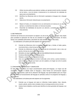  


          3.9     Utilizar recursos gráficos para elaborar carteles, por ejemplo tamaño de letra, brevedad
                  de los textos, y uso de colores e ilustraciones en la construcción de materiales de
                  apoyo para una presentación.
          3.10    Identificar las diferencias entre la información expresada en lenguaje oral y lenguaje
                  escrito.
          3.11    Seleccionar información relevante para una presentación.
	
  
          3.12    Mejorar la fluidez y la modulación de la voz (entonación) en la lectura en voz alta, por
                  ejemplo, en presentaciones reales o en lecturas de poesía.
          3.13    Desarrollar las habilidades de escuchar con atención y considerar las opiniones de
                  otras personas.


4. MULTIMODALIDAD
Conforme las formas de comunicación se separan una de la otra, se da un margen más amplio
para considerar la aplicación de más de una variedad en los actos de comunicación. Al mismo
tiempo, las cualidades particulares y peculiares de cada variedad quedan más claras.
       Los estándares curriculares para este aspecto son los siguientes:

          4.1    Entender las diferencias entre la escritura, imágenes fijas y móviles, el habla, gestos,
                 movimiento físico y otras formas de comunicación.
          4.2    Entender las diferencias entre las distintas formas de comunicación: cara a cara, por
                 escrito y formas de comunicación electrónicas.
          4.3    Demostrar una mayor competencia en el uso de las distintas formas de comunicación.
          4.4    Combinar diferentes formas de lenguaje escrito.
          4.5    Redactar y analizar en una variedad de formas.
          4.6    Usar una variedad de formas de texto multimodal, como cómics, cuentos ilustrados y
                 guías turísticas y de viaje que hacen uso de la palabra y la imagen así como la poesía
                 hace uso de efectos de sonido.


5. CONOCIMIENTO SOBRE LENGUAJE Y COMUNICACIÓN
En esta etapa se muestra una mayor concientización acerca del lenguaje y un mayor uso del
vocabulario. Aunque el debate sobre el lenguaje y otras formas de comunicación seguirá
surgiendo naturalmente a partir de la utilización del lenguaje, hay oportunidades para una mayor
atención formal al funcionamiento del lenguaje en períodos cortos en el programa de lenguaje y
comunicación.
       Los estándares curriculares para este aspecto son los siguientes:

          5.1    Entender que el lenguaje oral opera en diferentes niveles (palabra, frase, cláusula,
                 oración, párrafo, estrofa, texto completo), tanto en la lengua escrita como en la oral.
          5.2    Analizar textos hablados y escritos para identificar los tipos generales del lenguaje y sus
                 efectos.




	
                                                  100	
  
 