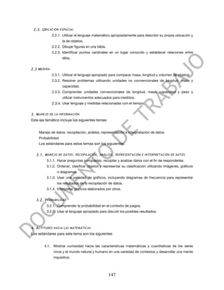 


       2.2. U BICACIÓN ESPACIAL
                  2.2.1. Utilizar el lenguaje matemático apropiadamente para describir su propia ubicación y
                         la de objetos.
                  2.2.2. Dibujar figuras en una tabla.
                  2.2.3. Identificar puntos cardinales en un lugar conocido y establecer relaciones entre
                         ellos.


2.3 M EDIDA
                  2.3.1. Utilizar el lenguaje apropiado para comparar masa, longitud y volumen de objetos.
                  2.3.2. Resolver problemas utilizando unidades no convencionales de longitud, masa y
                         capacidad.
                  2.3.3. Comprender unidades convencionales de longitud, masa, capacidad y peso y
                         utilizar instrumentos adecuados para medirlos.
                  2.3.4. Usar lenguaje y medidas relacionadas con el tiempo.


3. M ANEJO DE LA INFORMACIÓN
Este eje temático incluye los siguientes temas:


          Manejo de datos: recopilación, análisis, representación e interpretación de datos
          Probabilidad
          Los estándares para estos temas son los siguientes:


        3.1. M ANEJO DE DATOS : RECOPILACIÓN , ANÁLISIS , REPRESENTACIÓN E INTERPRETACIÓN DE DATOS
               3.1.1. Hacer preguntas apropiadas, recopilar y analizar datos con el fin de responderlas.
               3.1.2. Ordenar, clasificar objetos y representar su clasificación utilizando imágenes, gráficos
                     o diagramas.
               3.1.3. Usar una variedad de gráficos, incluyendo diagramas de frecuencia para representar
                     los resultados de la recopilación de datos.
               3.1.4. Interpretar gráficos elaborados por otros.


        3.2. P ROBABILIDAD
               3.2.1. Comprender la probabilidad en el contexto de juegos.
               3.2.2. Usar el lenguaje apropiado para discutir los posibles resultados.



4. A CTITUDES HACIA LAS MATEMÁTICAS
Los estándares para este tema son los siguientes:


             4.1. Mostrar curiosidad hacia las características matemáticas y cuantitativas de los seres
                   vivos y el mundo natural y humano en una variedad de contextos y desarrollar una mente
                   inquisitiva.




	
                                                       147	
  
 