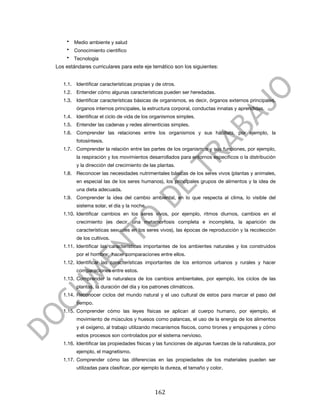  

           •   Medio ambiente y salud
           •   Conocimiento científico
           •   Tecnología
       Los estándares curriculares para este eje temático son los siguientes:


          1.1. Identificar características propias y de otros.
          1.2. Entender cómo algunas características pueden ser heredadas.
          1.3. Identificar características básicas de organismos, es decir, órganos externos principales,
                órganos internos principales, la estructura corporal, conductas innatas y aprendidas.
          1.4. Identificar el ciclo de vida de los organismos simples.
          1.5. Entender las cadenas y redes alimenticias simples.
          1.6. Comprender las relaciones entre los organismos y sus hábitats, por ejemplo, la
                fotosíntesis.
          1.7. Comprender la relación entre las partes de los organismos y sus funciones, por ejemplo,
                la respiración y los movimientos desarrollados para entornos específicos o la distribución
                y la dirección del crecimiento de las plantas.
          1.8. Reconocer las necesidades nutrimentales básicas de los seres vivos (plantas y animales,
                en especial las de los seres humanos), los principales grupos de alimentos y la idea de
                una dieta adecuada.
          1.9. Comprender la idea del cambio ambiental, en lo que respecta al clima, lo visible del
                sistema solar, el día y la noche.
          1.10. Identificar cambios en los seres vivos, por ejemplo, ritmos diurnos, cambios en el
                crecimiento (es decir, una metamorfosis completa e incompleta, la aparición de
                características sexuales en los seres vivos), las épocas de reproducción y la recolección
                de los cultivos.
          1.11. Identificar las características importantes de los ambientes naturales y los construidos
                por el hombre; hacer comparaciones entre ellos.
          1.12. Identificar las características importantes de los entornos urbanos y rurales y hacer
                comparaciones entre estos.
          1.13. Comprender la naturaleza de los cambios ambientales, por ejemplo, los ciclos de las
                plantas, la duración del día y los patrones climáticos.
          1.14. Reconocer ciclos del mundo natural y el uso cultural de estos para marcar el paso del
                tiempo.
          1.15. Comprender cómo las leyes físicas se aplican al cuerpo humano, por ejemplo, el
                movimiento de músculos y huesos como palancas, el uso de la energía de los alimentos
                y el oxígeno, al trabajo utilizando mecanismos físicos, como tirones y empujones y cómo
                estos procesos son controlados por el sistema nervioso.
          1.16. Identificar las propiedades físicas y las funciones de algunas fuerzas de la naturaleza, por
                ejemplo, el magnetismo.
          1.17. Comprender cómo las diferencias en las propiedades de los materiales pueden ser
                utilizadas para clasificar, por ejemplo la dureza, el tamaño y color.



	
                                                  162	
  
 