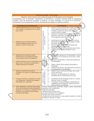  



                                            Ciencias Naturales. Tercer grado
              Bloque II. ¿Cómo somos y cómo vivimos los seres vivos? Mi relación con la naturaleza
Competencias que se favorecen: Comprensión de fenómenos y procesos naturales desde la perspectiva
científica, Toma de decisiones favorables al ambiente y la salud orientadas a la cultura de la prevención,
Comprensión de los alcances de la ciencia y del desarrollo tecnológico en diversos contextos.

         APRENDIZAJES ESPERADOS                                                                              CONTENIDOS
•      Identifica distintas formas en que las plantas                                           •   Nutrición en plantas (autótrofa): Proceso general en
       y los animales se relacionan con su medio                                                    que las plantas aprovechan luz del Sol, agua, sales
       para nutrirse.                                                                               minerales y dióxido de carbono del medio para




                                                        ¿Cómo nos nutrimos y respiramos
                                                                                                    nutrirse y producir oxígeno.
                                                                                                •   Nutrición en animales (heterótrofa): forma en que los
                                                                                                    herbívoros, carnívoros y omnívoros se alimentan de




                                                               los seres vivos?
                                                                                                    otros organismos para nutrirse.

                                                                                                •   Acercamiento a la noción de respiración como el
•      Identifican que los animales respiran                                                        intercambio de gases: entrada de oxígeno y salida
       mediante diferentes estructuras y con                                                        de dióxido de carbono.
       relación al medio en el que viven.                                                       •   Estructuras para el intercambio de gases: piel,
                                                                                                    tráqueas, branquias y pulmones.
                                                                                                •   Reflexión acerca de que las personas nos nutrimos
                                                                                                    y respiramos de manera semejante a otros
                                                                                                    animales.


•      Describe cómo los seres humanos                                                          •   Relación de la satisfacción de necesidades, nutrición
       transformamos la naturaleza al obtener                                                       y protección, con la extracción de recursos: costos
                                                        relacionamos con la




       recursos para nutrirnos y protegernos.                                                       y beneficios.
                                                            ¿Cómo nos

                                                             naturaleza?




                                                                                                •   Valoración de beneficios y costos de la satisfacción
•      Explica la relación entre la contaminación del                                               de necesidades.
       agua, el aire y el suelo por la generación y
       manejo inadecuado de residuos.                                                           •   Origen y destino de los residuos domiciliarios e
                                                                                                    industriales.
                                                                                                •   Valoración del impacto de la generación de residuos
                                                                                                    a nivel personal y en la naturaleza.
•      Explica la importancia de cuidar la                                                      •   Relación de las condiciones del agua, aire y suelo
                                                        aprecio a la naturaleza?




       naturaleza, con base en el mantenimiento de                                                  con los seres vivos.
                                                          ¿Cómo muestro mi




       la vida.                                                                                 •   Valoración de los beneficios de cuidar a la
                                                                                                    naturaleza para el mantenimiento de la vida.

•      Compara el rechazo, la reducción, el reuso,                       Identificación de las estrategias de las 4r´s: rechazo,
                                                                                                •
       y el reciclaje para identificar las ventajas y                    reducción, reuso y reciclaje.
       desventajas de su aplicación.                                •    Comparación de las estrategias considerando sus
                                                                         posibilidades de participación, beneficio personal,
                                                                         costo económico y ambiental.
•      Aplica habilidades y actitudes relacionadas      Proyecto estudiantil para desarrollar, integrar y aplicar aprendizajes
       con la ciencia escolar durante la planeación,    esperados y las competencias.
       desarrollo, comunicación y evaluación de un      Preguntas opcionales:
       proyecto de su interés en el que integra         Interacciones de los seres vivos
       contenidos del bloque.                           ¿De qué se alimentan los murciélagos?
                                                        Acciones para cuidar el ambiente
                                                        ¿Cuáles acciones de reducción y reuso podemos aplicar en el salón
                                                        de clases, la escuela y el hogar?




	
                                                                                        174	
  
 