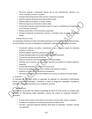  

        •   Reconocer palabras y expresiones básicas que se usan habitualmente, relativas a uno
            mismo, la familia y al entorno inmediato.
        •   Entender instrucciones breves sobre asuntos o situaciones conocidas.
        •   Identificar algunas diferencias entre tipos de textos orales.
        •   Detectar palabras semejantes a la lengua materna.
        •   Diferenciar algunas convenciones en textos orales.
        •   Comprender el sentido general de textos orales con base en características acústicas, tales
            como volumen y entonación.
        • Mostrar comprensión en formas propias y personales.
        • Anticipar el desarrollo de situaciones rutinarias y conocidas a partir de pistas en mensajes
            orales.

       C OMPRENSIÓN DE LECTURA
La comprensión de lectura en este nivel implica participar en el reconocimiento de instrucciones y
anuncios básicos, así como la búsqueda de vocabulario e información sobre temas concretos.

        •   Comprender palabras conocidas y expresiones cortas y rutinarias propias de ambientes
            familiares y cotidianos.
        •   Identificar palabras específicas usadas para preguntar.
        •   Emplear estrategias tales como la relectura para apoyar la comprensión.
        •   Comprender indicaciones escritas breves.
        •   Reconocer escritura convencional de palabras en lengua inglesa.
        •   Identificar que la escritura y el mensaje que comunica es constante en diversos soportes y
            tipografías.
        •   Comprender elementos y convenciones de la escritura.
        •   Reconocer las palabras gráficas como unidades entre espacios en blanco.
        • Identificar la función de algunos elementos tipográficos.
        • Demostrar comprensión del principio alfabético en la lectura de palabras en lengua inglesa.

2. E XPRESIÓN
La expresión en este nivel implica la capacidad de participar en intercambios comunicativos
breves en contextos habituales y familiares, a través de preguntas, respuestas, expresiones,
opiniones y enunciados sencillos con un vocabulario conocido.


       E XPRESIÓN ORAL
La expresión oral en este nivel implica la capacidad de asumir el rol de emisor y/o receptor para
participar en intercambios orales habituales y breves que ocurren en contextos familiares y
conocidos.

        •   Emplear textos escritos como estímulo para producir textos orales breves y familiares.
        •   Completar con expresiones conocidas las participaciones orales de otros.
        •   Formular y responder preguntas familiares sobre temas de necesidad inmediata o asuntos
            muy habituales



	
                                                   179	
  
 