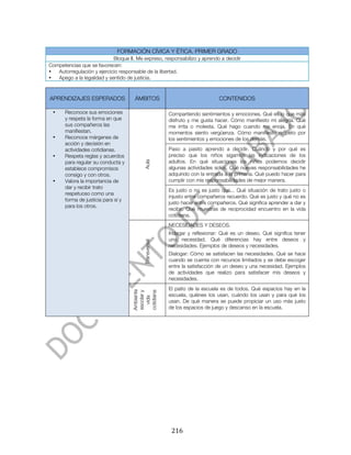  


                                  FORMACIÓN CÍVICA Y ÉTICA. PRIMER GRADO
                            Bloque II. Me expreso, responsabilizo y aprendo a decidir
Competencias que se favorecen:
•  Autorregulación y ejercicio responsable de la libertad.
•  Apego a la legalidad y sentido de justicia.



  APRENDIZAJES ESPERADOS                  ÁMBITOS                                CONTENIDOS

       •   Reconoce sus emociones                          Compartiendo sentimientos y emociones. Qué es lo que más
           y respeta la forma en que                       disfruto y me gusta hacer. Cómo manifiesto mi alegría. Qué
           sus compañeros las                              me irrita o molesta. Qué hago cuando me enoja. En qué
           manifiestan.                                    momentos siento vergüenza. Cómo manifiesto respeto por
       •   Reconoce márgenes de                            los sentimientos y emociones de los demás.
           acción y decisión en
           actividades cotidianas.                         Paso a pasito aprendo a decidir. Cuándo y por qué es
       •   Respeta reglas y acuerdos                       preciso que los niños sigamos las indicaciones de los
           para regular su conducta y                      adultos. En qué situaciones los niños podemos decidir
                                             Aula



           establece compromisos                           algunas actividades solos. Qué nuevas responsabilidades he
           consigo y con otros.                            adquirido con la entrada a la primaria. Qué puedo hacer para
       •   Valora la importancia de                        cumplir con mis responsabilidades de mejor manera.
           dar y recibir trato
                                                           Es justo o no es justo que... Qué situación de trato justo o
           respetuoso como una
                                                           injusto entre compañeros recuerdo. Qué es justo y qué no es
           forma de justicia para sí y
                                                           justo hacer entre compañeros. Qué significa aprender a dar y
           para los otros.
                                                           recibir. Qué muestras de reciprocidad encuentro en la vida
                                                           cotidiana.
                                                           NECESIDADES Y DESEOS.
                                                           Indagar y reflexionar: Qué es un deseo. Qué significa tener
                                                           una necesidad. Qué diferencias hay entre deseos y
                                             Transversal




                                                           necesidades. Ejemplos de deseos y necesidades.
                                                           Dialogar: Cómo se satisfacen las necesidades. Qué se hace
                                                           cuando se cuenta con recursos limitados y se debe escoger
                                                           entre la satisfacción de un deseo y una necesidad. Ejemplos
                                                           de actividades que realizo para satisfacer mis deseos y
                                                           necesidades.
                                                           El patio de la escuela es de todos. Qué espacios hay en la
                                         Ambiente


                                         cotidiana
                                         escolar y




                                                           escuela, quiénes los usan, cuándo los usan y para qué los
                                           vida




                                                           usan. De qué manera se puede propiciar un uso más justo
                                                           de los espacios de juego y descanso en la escuela.




	
                                                          216	
  
 