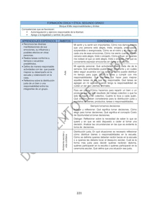  


                          FORMACIÓN CÍVICA Y ÉTICA. SEGUNDO GRADO
                                   Bloque II.Mis responsabilidades y límites
Competencias que se favorecen:
   • Autorregulación y ejercicio responsable de la libertad.
   • Apego a la legalidad y sentido de justicia.

  APRENDIZAJES ESPERADOS             ÁMBITOS                                       CONTENIDOS
• Reconoce las diversas                                     Mi sentir y tu sentir son importantes. Cómo nos damos cuenta
  manifestaciones de sus                                    que una persona está alegre, triste, enojada, preocupada,
  emociones, su influencia y                                sorprendida o avergonzada. Cómo es el rostro y el cuerpo en
  posibles efectos en otras                                 cada una de esas emociones. Cómo me siento cuando alguien
  personas.                                                 cercano está alegre, triste o enojado. Cómo influye en quienes
• Realiza tareas conforme a                                 me rodean el que yo esté alegre, triste o enojado. Por qué es
  tiempos o acuerdos                                        conveniente expresar emociones sin dañar a los demás.
  predefinidos.
• Define de manera responsable                              Mi agenda personal. Qué actividades realizo cada día de la
  actividades con las que puede                             semana. Qué actividades puedo elegir libremente y en cuáles
  mejorar su desempeño en la                                debo seguir acuerdos con los adultos. Cómo puedo distribuir
                                            Aula



  escuela y colaboración en la                              mi tiempo para jugar, hacer la tarea y cumplir con mis
  casa.                                                     responsabilidades. Qué me falta por hacer para mejorar
• Reflexiona sobre la distribución                          aquellas tareas de las que soy responsable. Qué tareas se
  justa de un bien o una                                    agregan en mi agenda cuando tengo la responsabilidad de
  responsabilidad entre los                                 cuidar un ser vivo: plantas, animales.
  integrantes de un grupo.
                                                            Para ser justos. Cómo hacemos para repartir un bien o un
                                                            producto que ha sido resultado del trabajo colectivo o que ha
                                                            sido otorgado a un colectivo. Cuánto le toca a cada quién.
                                                            Qué criterios deben considerarse para la distribución justa y
                                                            equitativa de bienes, productos, tareas o responsabilidades.
                                                                            Siempre tomamos decisiones
                                                            Indagar y reflexionar: Qué significa tomar decisiones. Cómo
                                            Transversal




                                                            elegir para tomar decisiones. Qué significa el concepto Costo
                                                            de Oportunidad al tomar decisiones.
                                                            Dialogar: Reflexionar sobre la necesidad de saber lo que se
                                                            quiere y en que se está dispuesto a ceder al tomar una
                                                            decisión. Analizar las circunstancias en las que es evidente la
                                                            toma de decisiones.
                                                            Distribución justa. En qué situaciones es necesario reflexionar
                                       Ambiente escolar y




                                                            cómo distribuir bienes o responsabilidades en la escuela.
                                         vida cotidiana




                                                            Cómo se definiría quienes deberían recibir becas en la escuela
                                                            o a quienes les debería tocar el desayuno escolar. Cuál es la
                                                            forma más justa para decidir quiénes recibirán diploma,
                                                            quiénes participarán en la escolta o quiénes participarán en la
                                                            ceremonia escolar. Qué define que una situación sea justa.




	
                                                            221	
  
 