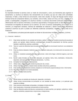 2. ESCRITURA
Es importante fomentar la escritura como un medio de comunicación y como una herramienta para organizar el
pensamiento. La escritura se relaciona más cercanamente con la lectura, (ya que son vistas como actividades
recíprocas), el habla y otras formas de comunicación, sobre todo visuales. El rango del lenguaje escrito incluye
diversas formas de composición literaria y sus variantes, como el haiku, versos con rima y sin rima, y baladas en la
poesía, o autobiografías y biografías en la escritura narrativa. La escritura documental continuará expandiéndose,
diferenciando entre la escritura informativa y la escritura argumentativa. El lenguaje escrito en esta etapa incluye la
composición de biografías de personas que se admiran, así como la escritura autobiográfica que se basa en la
memoria y la imaginación recreativa, mientras las habilidades de redacción y edición toman mayor importancia
conforme la escritura se pone a prueba con diferentes audiencias (compañeros, maestros y otros) antes de su
finalización.
     Los estándares curriculares para este aspecto se dividen en dos secciones, la función y propósito, y la forma:


2.1. F UNCIÓN Y PROPÓSITO

       2.1.1.   Crear textos sencillos en una variedad de formatos y estilos, y diferenciar el estilo de escritura de acuerdo al
                género, por ejemplo, relatos históricos, autobiográficos, encuesta de presentación de informes, guiones
                teatrales o radiofónicos, poemas y publicidad.
       2.1.2.   Tener en cuenta los diferentes tipos de audiencia potencial para la comunicación escrita en una variedad de
                formas.
       2.1.3.   Crear los efectos deseados mediante el uso del vocabulario adecuado y la construcción de oraciones en la
                escritura.
       2.1.4.   Utilizar un vocabulario apropiado para dar instrucciones sobre cómo llegar a distintos lugares y qué rutas
                tomar.
       2.1.5.   Escribir cartas formales con el formato adecuado, por ejemplo, fecha, tema, destinatario, introducción,
                desarrollo, cierre (por ejemplo, “Le saluda atentamente…”) y firma.
       2.1.6.   Completar formatos simples correctamente.
       2.1.7.   Utilizar notas y diagramas para orientar la producción de un texto.
       2.1.8.   Utilizar el formato correcto y redactar textos sencillos instructivos y polémicos.
       2.1.9.   Crear textos conceptualmente correctos, basados en la información proporcionada por dos o más fuentes.
       2.1.10. Resumir la información de manera apropiada.
       2.1.11. Revisar y corregir textos escritos.


2.2 F ORMA

       2.2.1.   Escribir textos con párrafos de introducción, desarrollo y conclusión.
       2.2.2.   Utilizar formas convencionales de puntuación en una variedad de textos escritos, y en particular para
                organizar el diálogo.
       2.2.3.   Usar oraciones subordinadas compuestas y complejas en textos escritos.
       2.2.4.   Usar mayúsculas y minúsculas correctamente en textos escritos.
       2.2.5.   Usar las diferentes partes del discurso correctamente en textos escritos, por ejemplo, sustantivos, verbos,
                adjetivos, adverbios, preposiciones, conjunciones e interjecciones.

                                                              258
 