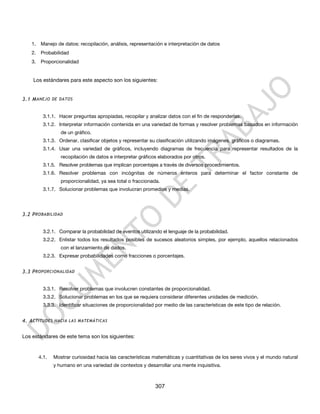 1.    Manejo de datos: recopilación, análisis, representación e interpretación de datos
   2.    Probabilidad
   3.    Proporcionalidad


    Los estándares para este aspecto son los siguientes:


3.1 M ANEJO DE DATOS


          3.1.1. Hacer preguntas apropiadas, recopilar y analizar datos con el fin de responderlas.
          3.1.2. Interpretar información contenida en una variedad de formas y resolver problemas basados en información
                  de un gráfico.
          3.1.3. Ordenar, clasificar objetos y representar su clasificación utilizando imágenes, gráficos o diagramas.
          3.1.4. Usar una variedad de gráficos, incluyendo diagramas de frecuencia para representar resultados de la
                  recopilación de datos e interpretar gráficos elaborados por otros.
          3.1.5. Resolver problemas que implican porcentajes a través de diversos procedimientos.
          3.1.6. Resolver problemas con incógnitas de números enteros para determinar el factor constante de
                  proporcionalidad, ya sea total o fraccionada.
          3.1.7. Solucionar problemas que involucran promedios y medias.




3.2 P ROBABILIDAD


          3.2.1. Comparar la probabilidad de eventos utilizando el lenguaje de la probabilidad.
          3.2.2. Enlistar todos los resultados posibles de sucesos aleatorios simples, por ejemplo, aquellos relacionados
                  con el lanzamiento de dados.
          3.2.3. Expresar probabilidades como fracciones o porcentajes.


3.3 P ROPORCIONALIDAD


          3.3.1. Resolver problemas que involucren constantes de proporcionalidad.
          3.3.2. Solucionar problemas en los que se requiera considerar diferentes unidades de medición.
          3.3.3. Identificar situaciones de proporcionalidad por medio de las características de este tipo de relación.


4. A CTITUDES HACIA LAS MATEMÁTICAS


Los estándares de este tema son los siguientes:


        4.1.   Mostrar curiosidad hacia las características matemáticas y cuantitativas de los seres vivos y el mundo natural
               y humano en una variedad de contextos y desarrollar una mente inquisitiva.



                                                             307
 