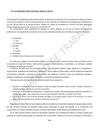 10.4 ESTÁNDARES PARA SEGUNDA LENGUA: INGLÉS



Los estándares de Inglés para este periodo escolar, al igual que los anteriores, fueron construidos a partir de criterios
comunes de referencia nacional e internacional por lo que, además de manifestar las competencias identificadas en
los tres últimos años de la escuela primaria, reflejan los niveles de competencia y dominio de inglés que exigen
dichas referencias para el nivel 6 de la CENNI y el A2 del MCER.
    En consecuencia, estos estándares se agrupan en cuatro aspectos en los que se incluye un conjunto de
actitudes que son igualmente importantes en los cuatro periodos escolares que constituyen a la educación básica:


    1. Comprensión
        1.1. Oral
        1.2. De lectura
    2. Expresión
        1.1. Oral
        1.2. Escrita
    3. Multimodal
    4. Actitudes hacia el lenguaje y la comunicación.


     En tanto que Lenguaje y comunicación (Inglés) es uno de los cuatro campos formativos que conforman el Plan
de estudios de educación básica, éste favorece en general sus propósitos y actividades y, en particular, aquéllos
vinculados al lenguaje oral y escrito.
     Al término de sexto año de la escuela primaria, los estudiantes deberán haber adquirido la competencia y
conocimientos necesarios para interactuar, comprender y usar el inglés en textos orales y escritos propios de situaciones
comunicativas habituales y cercanas a los estudiantes, que impliquen el aprecio y valor por expresiones culturales y
literarias, la satisfacción de necesidades cotidianas y la resolución de problemas sencillos.
     Se espera que los estudiantes de este periodo escolar sean capaces de:


     • Escuchar y comprender el sentido general e ideas principales de textos orales y escritos variados utilizados en
        contextos sociales que les son cercanos y conocidos.
     • Intervenir e iniciar en algunos intercambios o transacciones sociales utilizando estrategias lingüísticas verbales y no
        verbales para seguir y dar indicaciones, así como para interpretar, describir y compartir información.
     • Comparar la forma y las funciones sociales del inglés con la lengua propia a partir de la interacción con textos
        orales y escritos producidos por diversos medios de comunicación.


     Esta etapa de desarrollo tiene como objetivo utilizar la competencia comunicativa adquirida en lengua inglesa durante
los dos primeros periodos de educación básica para comprender el papel del lenguaje en la construcción del
conocimiento y los valores culturales y asumir una actitud responsable y crítica frente a los problemas del mundo.
     Es en este periodo escolar cuando los estudiantes adquieren las competencias básicas en lengua inglesa para
participar en interacciones sociales que, además de la comprensión auditiva y/o de lectura, empiezan a demandar el

                                                             344
 