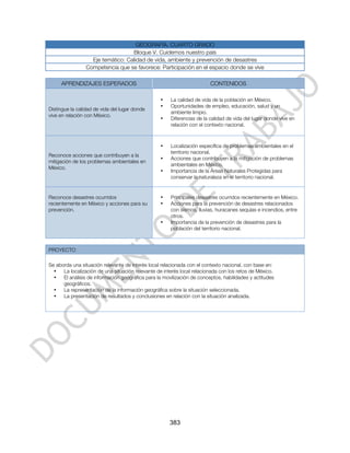 GEOGRAFÍA. CUARTO GRADO
                                   Bloque V. Cuidemos nuestro país
                   Eje temático: Calidad de vida, ambiente y prevención de desastres
                 Competencia que se favorece: Participación en el espacio donde se vive

     APRENDIZAJES ESPERADOS                                              CONTENIDOS

                                                  •    La calidad de vida de la población en México.
                                                  •    Oportunidades de empleo, educación, salud y un
Distingue la calidad de vida del lugar donde
                                                       ambiente limpio.
vive en relación con México.
                                                  •    Diferencias de la calidad de vida del lugar donde vive en
                                                       relación con el contexto nacional.



                                                  •    Localización específica de problemas ambientales en el
                                                       territorio nacional.
Reconoce acciones que contribuyen a la
                                                  •    Acciones que contribuyen a la mitigación de problemas
mitigación de los problemas ambientales en
                                                       ambientales en México.
México.
                                                  •    Importancia de la Áreas Naturales Protegidas para
                                                       conservar la naturaleza en el territorio nacional.


Reconoce desastres ocurridos                      •    Principales desastres ocurridos recientemente en México.
recientemente en México y acciones para su        •    Acciones para la prevención de desastres relacionados
prevención.                                            con sismos, lluvias, huracanes sequías e incendios, entre
                                                       otros.
                                                  •    Importancia de la prevención de desastres para la
                                                       población del territorio nacional.



PROYECTO

Se aborda una situación relevante de interés local relacionada con el contexto nacional, con base en:
  •   La localización de una situación relevante de interés local relacionada con los retos de México.
  •   El análisis de información geográfica para la movilización de conceptos, habilidades y actitudes
      geográficos.
  •   La representación de la información geográfica sobre la situación seleccionada.
  •   La presentación de resultados y conclusiones en relación con la situación analizada.




                                                      383
 