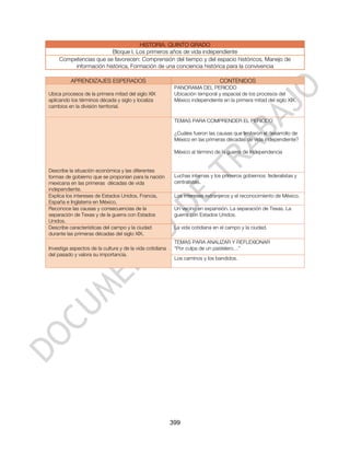 HISTORIA. QUINTO GRADO
                         Bloque I. Los primeros años de vida independiente
     Competencias que se favorecen: Comprensión del tiempo y del espacio históricos, Manejo de
          información histórica, Formación de una conciencia histórica para la convivencia

          APRENDIZAJES ESPERADOS                                               CONTENIDOS
                                                           PANORAMA DEL PERIODO
Ubica procesos de la primera mitad del siglo XIX           Ubicación temporal y espacial de los procesos del
aplicando los términos década y siglo y localiza           México independiente en la primera mitad del siglo XIX.
cambios en la división territorial.

                                                           TEMAS PARA COMPRENDER EL PERIODO

                                                           ¿Cuáles fueron las causas que limitaron el desarrollo de
                                                           México en las primeras décadas de vida independiente?

                                                           México al término de la guerra de Independencia


Describe la situación económica y las diferentes
formas de gobierno que se proponían para la nación         Luchas internas y los primeros gobiernos: federalistas y
mexicana en las primeras décadas de vida                   centralistas.
independiente.
Explica los intereses de Estados Unidos, Francia,          Los intereses extranjeros y el reconocimiento de México.
España e Inglaterra en México.
Reconoce las causas y consecuencias de la                  Un vecino en expansión. La separación de Texas. La
separación de Texas y de la guerra con Estados             guerra con Estados Unidos.
Unidos.
Describe características del campo y la ciudad             La vida cotidiana en el campo y la ciudad.
durante las primeras décadas del siglo XIX.
                                                           TEMAS PARA ANALIZAR Y REFLEXIONAR
Investiga aspectos de la cultura y de la vida cotidiana    “Por culpa de un pastelero…”
del pasado y valora su importancia.
                                                           Los caminos y los bandidos.




                                                          399
 