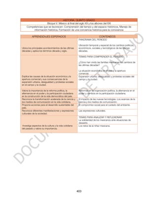 HISTORIA. QUINTO GRADO
                    Bloque V. México al final del siglo XX y los albores del XXI
    Competencias que se favorecen: Comprensión del tiempo y del espacio históricos, Manejo de
         información histórica, Formación de una conciencia histórica para la convivencia

          APRENDIZAJES ESPERADOS                                             CONTENIDOS
                                                        PANORAMA DEL PERIODO

                                                        Ubicación temporal y espacial de los cambios políticos,
Ubica los principales acontecimientos de las últimas    económicos, sociales y tecnológicos de las últimas
décadas y aplica los términos década y siglo.           décadas.

                                                        TEMAS PARA COMPRENDER EL PERIODO

                                                        ¿Cómo han vivido las familias mexicanas los cambios de
                                                        las últimas décadas?

                                                        La situación económica en el país y la apertura
                                                        comercial.
Explica las causas de la situación económica y la       Expansión urbana, desigualdad y protestas sociales del
apertura comercial y sus consecuencias de la            campo y la ciudad.
expansión urbana, desigualdad y protestas sociales
en el campo y la ciudad.

Valora la importancia de la reforma política, la        Reformas en la organización política, la alternancia en el
alternancia en el poder y la participación ciudadana    poder y cambios en la participación ciudadana.
en la construcción de la vida democrática del país.
Reconoce la transformación acelerada de la ciencia y    El impacto de las nuevas tecnologías. Los avances de la
los medios de comunicación en la vida cotidiana.        ciencia y los medios de comunicación.
Propone acciones para el desarrollo sustentable del     El compromiso social para el cuidado del ambiente.
país.
Reconoce diferentes manifestaciones y expresiones       Las expresiones culturales.
culturales de la sociedad.
                                                        TEMAS PARA ANALIZAR Y REFLEXIONAR
                                                        La solidaridad de los mexicanos ante situaciones de
                                                        desastre.
Investiga aspectos de la cultura y la vida cotidiana    Los retos de la niñez mexicana.
del pasado y valora su importancia.




                                                       403
 