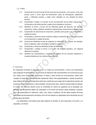 1.2. F ORMA

        1.2.1   Comprender la función de las formas comunes de puntuación, como punto, coma, dos
                puntos, punto y coma, signo de exclamación, signo de interrogación, apóstrofos,
                guión, y diferentes acentos, y saber cómo utilizarlos en una variedad de textos
                escritos.
        1.2.2   Comprender el papel y la función de las convenciones de las letras mayúsculas y
                minúsculas en los textos escritos y saber cómo utilizarlas en la lectura.
        1.2.3   Identificar la forma y función de las diferentes partes del discurso, por ejemplo,
                sustantivos, verbos, adjetivos, adverbios, preposiciones, conjunciones e interjecciones.
        1.2.4   Comprender las estructuras de oraciones y párrafos para ayudar a la comprensión y
                análisis de textos.
        1.2.1   Comprender y utilizar la función sintáctica, gráfica y semántica de un texto para ayudar
                a la comprensión y análisis de textos.
        1.2.5   Conocer las diferentes formas de organizar la información en un texto, por ejemplo,
                tema y subtemas, orden cronológico, problema y solución.
        1.2.6   Comprender y utilizar las diferentes fuentes de referencia.
        1.2.7   Comprender y analizar la forma y la función del lenguaje figurativo, con especial
                referencia a la poesía.
        1.2.8   dentificar las características y funciones de algunos de los recursos lingüísticos y
                visuales utilizados por los medios en la publicidad.




2. E SCRITURA
Es importante fomentar la escritura como un medio de comunicación y como una herramienta
para organizar el pensamiento. La escritura se relaciona más cercanamente con la lectura (ya que
son vistas como actividades recíprocas), el habla y otras formas de comunicación, sobre todo
visuales. En esta fase, los estudiantes explorarán textos más especializados y usarán la escritura
para reflexionar más profundamente sobre las cuestiones que surgen de la experiencia social y de
la lectura de textos literarios y documentales. Durante esta fase, existe la oportunidad de abrazar
el mundo del discurso escrito como se manifiesta en todos los aspectos de la sociedad, por
ejemplo, los estudiantes deben ser expuestos a la función de escribir obras teatrales o guiones
para ser presentados en televisión, radio, cine, teatro o públicos. Se les debe enseñar técnicas
avanzadas de procesamiento de textos con el fin de mejorar su capacidad como escritores de una
amplia gama de textos.
    Los estándares curriculares para este aspecto se dividen en dos secciones, la función y el
propósito, y la forma:




                                                  457
 