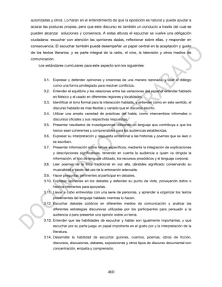 autoridades y otros. Lo harán en el entendimiento de que la oposición es natural y puede ayudar a
aclarar las posturas propias, pero que este discurso es también un conducto a través del cual se
pueden alcanzar soluciones y consensos. A estas alturas el escuchar se vuelve una obligación
ciudadana: escuchar con atención las opiniones dadas, reflexionar sobre ellas, y responder en
consecuencia. El escuchar también puede desempeñar un papel central en la aceptación y gusto
de los textos literarios, y es parte integral de la radio, el cine, la televisión y otros medios de
comunicación.
    Los estándares curriculares para este aspecto son los siguientes:


        3.1. Expresar y defender opiniones y creencias de una manera razonada, y usar el diálogo
               como una forma privilegiada para resolver conflictos.
        3.2. Entender el equilibrio y las relaciones entre las variaciones del español estándar hablado
               en México y el usado en diferentes regiones y localidades.
        3.3. Identificar el tono formal para la interacción hablada, y entender cómo en este sentido, el
               discurso hablado es más flexible y variado que el discurso escrito.
        3.4. Utilizar una amplia variedad de prácticas del habla, como intercambios informales o
               discursos oficiales y sus respectivas respuestas.
        3.5. Presentar resultados de investigaciones utilizando un lenguaje que contribuya a que los
               textos sean coherentes y comprensibles para las audiencias establecidas.
        3.6. Expresar su interpretación y respuesta emocional a las historias y poemas que se leen o
               se escriben.
        3.7. Presentar información sobre temas específicos, mediante la integración de explicaciones
               y descripciones significativas, teniendo en cuenta la audiencia a quien va dirigida la
               información, el tipo de lenguaje utilizado, los recursos prosódicos y el lenguaje corporal.
        3.8.   Leer poemas de la lírica tradicional en voz alta, dándoles significado conservando su
               musicalidad a través del uso de la entonación adecuada.
        3.9. Hacer preguntas pertinentes al participar en debates.
        3.10. Expresar opiniones en los debates y defender su punto de vista, proveyendo datos o
               hechos relevantes para apoyarlas.
        3.11. Llevar a cabo entrevistas con una serie de personas, y aprender a organizar los textos
               provenientes del lenguaje hablado mientras lo hacen.
        3.12. Escuchar debates públicos en diferentes medios de comunicación y analizar las
               diferentes estrategias discursivas utilizadas por los participantes para persuadir a la
               audiencia o para presentar una opinión sobre un tema.
        3.13. Entender que las habilidades de escuchar y hablar son igualmente importantes, y que
               escuchar por su parte juega un papel importante en el gusto por y la interpretación de la
               literatura.
        3.14. Desarrollar la habilidad de escuchar guiones, cuentos, poemas, obras de ficción,
               discursos, discusiones, debates, exposiciones y otros tipos de discurso documental con
               concentración, empatía y comprensión.




                                                   460
 