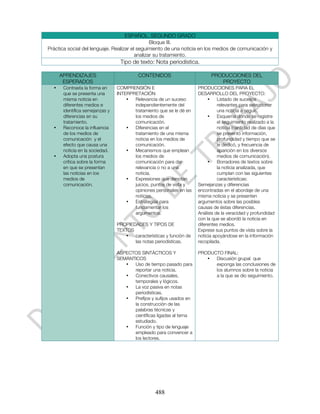 ESPAÑOL. SEGUNDO GRADO
                                                Bloque III.
Práctica social del lenguaje. Realizar el seguimiento de una noticia en los medios de comunicación y
                                         analizar su tratamiento.
                                  Tipo de texto: Nota periodística.

      APRENDIZAJES                         CONTENIDOS                        PRODUCCIONES DEL
       ESPERADOS                                                                PROYECTO
  •    Contrasta la forma en     COMPRENSIÓN E                         PRODUCCIONES PARA EL
       que se presenta una       INTERPRETACIÓN                        DESARROLLO DEL PROYECTO:
       misma noticia en              •  Relevancia de un suceso             •    Listado de sucesos
       diferentes medios e              independientemente del                   relevantes para seleccionar
       identifica semejanzas y          tratamiento que se le dé en              una noticia a seguir.
       diferencias en su                los medios de                       •    Esquema donde se registre
       tratamiento.                     comunicación.                            el seguimiento realizado a la
  •    Reconoce la influencia        •  Diferencias en el                        noticia (cantidad de días que
       de los medios de                 tratamiento de una misma                 se presentó información,
       comunicación y el                noticia en los medios de                 profundidad y tiempo que se
       efecto que causa una             comunicación.                            le dedicó, y frecuencia de
       noticia en la sociedad.       •  Mecanismos que emplean                   aparición en los diversos
  •    Adopta una postura               los medios de                            medios de comunicación).
       crítica sobre la forma           comunicación para dar               •    Borradores de textos sobre
       en que se presentan              relevancia o no a una                    la noticia analizada, que
       las noticias en los              noticia.                                 cumplan con las siguientes
       medios de                     •  Expresiones que denotan                  características:
       comunicación.                    juicios, puntos de vista y     Semejanzas y diferencias
                                        opiniones personales en las    encontradas en el abordaje de una
                                        noticias.                      misma noticia y se presenten
                                     •  Estrategias para               argumentos sobre las posibles
                                        fundamentar los                causas de éstas diferencias.
                                        argumentos.                    Análisis de la veracidad y profundidad
                                                                       con la que se abordó la noticia en
                                 PROPIEDADES Y TIPOS DE                diferentes medios.
                                 TEXTOS                                Exprese sus puntos de vista sobre la
                                    •   características y función de   noticia apoyándose en la información
                                        las notas periodísticas.       recopilada.

                                 ASPECTOS SINTÁCTICOS Y                PRODUCTO FINAL:
                                 SEMÁNTICOS                               •  Discusión grupal que
                                    •  Uso de tiempo pasado para             exponga las conclusiones de
                                       reportar una noticia.                 los alumnos sobre la noticia
                                    •  Conectivos causales,                  a la que se dio seguimiento.
                                       temporales y lógicos.
                                    •  La voz pasiva en notas
                                       periodísticas.
                                    •  Prefijos y sufijos usados en
                                       la construcción de las
                                       palabras técnicas y
                                       científicas ligadas al tema
                                       estudiado.
                                    •  Función y tipo de lenguaje
                                       empleado para convencer a
                                       los lectores.




                                                   488
 