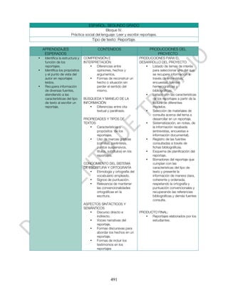 ESPAÑOL. SEGUNDO GRADO
                                               Bloque IV.
                        Práctica social del lenguaje: Leer y escribir reportajes.
                                        Tipo de texto: Reportaje.

    APRENDIZAJES                            CONTENIDOS                       PRODUCCIONES DEL
     ESPERADOS                                                                  PROYECTO
•    Identifica la estructura y   COMPRENSIÓN E                        PRODUCCIONES PARA EL
     función de los               INTERPRETACIÓN                       DESARROLLO DEL PROYECTO:
     reportajes.                      •  Diferencias entre                •  Listado de temas de interés
•    Identifica los propósitos           opiniones, hechos y                 para seleccionar uno del que
     y el punto de vista del             argumentos.                         se recupere información a
     autor en reportajes              •  Formas de reconstruir un            través de entrevistas,
     leídos.                             hecho o situación sin               encuestas, fuentes
•    Recupera información                perder el sentido del               hemerográficas y
     de diversas fuentes,                mismo.                              bibliográficas.
     atendiendo a las                                                     •  Listado con las características
     características del tipo     BÚSQUEDA Y MANEJO DE LA                    de los reportajes a partir de la
     de texto al escribir un      INFORMACIÓN                                lectura de diferentes
     reportaje.                       • Diferencias entre cita               modelos.
                                        textual y paráfrasis.             •  Selección de materiales de
                                                                             consulta acerca del tema a
                                  PROPIEDADES Y TIPOS DE                     desarrollar en un reportaje.
                                  TEXTOS                                  •  Sistematización, en notas, de
                                     •   Características y                   la información recabada
                                         propósitos de los                   (entrevistas, encuestas e
                                         reportajes.                         información documental).
                                     •   Uso de marcas gráficas           •  Registro de las fuentes
                                         (comillas, paréntesis,              consultadas a través de
                                         puntos suspensivos,                 fichas bibliográficas.
                                         títulos, subtítulos) en los      •  Esquema de planificación del
                                         reportajes.                         reportaje.
                                                                          •  Borradores del reportaje que
                                  CONOCIMIENTO DEL SISTEMA                   cumplan con las
                                  DE ESCRITURA Y ORTOGRAFÍA                  características del tipo de
                                      •  Etimología y ortografía del         texto y presente la
                                         vocabulario empleado.               información de manera clara,
                                      •  Signos de puntuación.               coherente y ordenada,
                                      •  Relevancia de mantener              respetando la ortografía y
                                         las convencionalidades              puntuación convencionales y
                                         ortográficas en la                  recuperando las referencias
                                         escritura.                          bibliográficas y demás fuentes
                                                                             consulta.
                                  ASPECTOS SINTÁCTICOS Y
                                  SEMÁNTICOS
                                     •  Discurso directo e             PRODUCTO FINAL:
                                        indirecto.                        •  Reportajes elaborados por los
                                     •  Voces narrativas del                 estudiantes.
                                        reportaje.
                                     •  Formas discursivas para
                                        abordar los hechos en un
                                        reportaje.
                                     •  Formas de incluir los
                                        testimonios en los
                                        reportajes




                                                     491
 