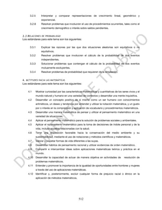 3.2.5        Interpretar y comparar representaciones de crecimiento lineal, geométrico y
                   exponencial.
      3.2.6        Resolver problemas que involucren el uso de procedimientos ocurrentes, tales como el
                   crecimiento demográfico o interés sobre saldos pendientes.


3.3 R ELACIONES DE PROBABILIDAD
Los estándares para este tema son los siguientes:


      3.3.1        Explicar las razones por las que dos situaciones aleatorias son equitativos o no
                   equitativos.
      3.3.2        Resolver problemas que involucren el cálculo de la probabilidad de dos eventos
                   independientes.
      3.3.3        Solucionar problemas que contengan el cálculo de la probabilidad de dos eventos
                   mutuamente excluyentes.
      3.3.4        Resolver problemas de probabilidad que requieren de la simulación.


4. A CTITUDES HACIA LAS MATEMÁTICAS
Los estándares para este tema son los siguientes:


    4.1       Mostrar curiosidad por las características matemáticas y cuantitativas de los seres vivos y el
              mundo natural y humano en una variedad de contextos y desarrollar una mente inquisitiva.
    4.2       Desarrollar un concepto positivo de sí mismo como un ser humano con conocimientos
              aritméticos, un deseo y tendencia por entender y utilizar la notación matemática, y un gusto
              por o interés en la comprensión y aplicación de vocabulario y procedimientos matemáticos.
    4.3       Desarrollar una manera matemática de pensar y utilizar el pensamiento matemático en una
              variedad de situaciones.
    4.4       Aplicar el pensamiento matemático para la solución de problemas sociales y ambientales.
    4.5       Aplicar el razonamiento matemático para la toma de decisiones de índole personal y de la
              vida, incluso aquellas relacionadas con la salud.
    4.6       Tener una disposición favorable hacia la conservación del medio ambiente y su
              sustentabilidad, mediante el uso de notaciones y métodos científicos y matemáticos.
    4.7       Valorar y respetar formas de vida diferentes a las suyas.
    4.8       Desarrollar hábitos de pensamiento racional y utilizar evidencias de orden matemático.
    4.9       Compartir e intercambiar ideas sobre aplicaciones matemáticas teórica y práctica en el
              mundo.
    4.10      Desarrollar la capacidad de actuar de manera objetiva en actividades de         resolución de
              problemas matemáticos.
    4.11      Entender y promover la importancia de la igualdad de oportunidades entre hombres y mujeres
              a través del uso de aplicaciones matemáticas.
    4.12      Identificar y, posteriormente, excluir cualquier forma de prejuicio racial o étnico en la
              aplicación de métodos matemáticos.




                                                     512
 