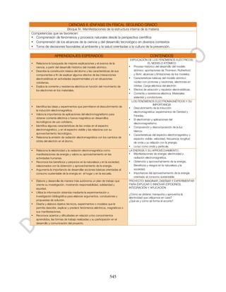 CIENCIAS II. (ÉNFASIS EN FÍSICA). SEGUNDO GRADO
                       Bloque IV. Manifestaciones de la estructura interna de la materia
Competencias que se favorecen:
• Comprensión de fenómenos y procesos naturales desde la perspectiva científica
• Comprensión de los alcances de la ciencia y del desarrollo tecnológico en diversos contextos
• Toma de decisiones favorables al ambiente y la salud orientadas a la cultura de la prevención.

                   APRENDIZAJES ESPERADOS                                                       CONTENIDOS
                                                                                 EXPLICACIÓN DE LOS FENÓMENOS ELÉCTRICOS:
•   Relaciona la búsqueda de mejores explicaciones y el avance de la                           EL MODELO ATÓMICO
    ciencia, a partir del desarrollo histórico del modelo atómico.              • Proceso histórico del desarrollo del modelo
•   Describe la constitución básica del átomo y las características de sus         atómico: aportaciones de Thomson, Rutherford
    componentes a fin de explicar algunos efectos de las interacciones             y Bohr; alcances y limitaciones de los modelos.
    electrostáticas en actividades experimentales y/o en situaciones            • Características básicas del modelo atómico:
    cotidianas.                                                                    núcleo con protones y neutrones; electrones en
•   Explica la corriente y resistencia eléctrica en función del movimiento de      órbitas. Carga eléctrica del electrón.
    los electrones en los materiales.                                           • Efectos de atracción y repulsión electrostáticas.
                                                                                • Corriente y resistencia eléctrica. Materiales
                                                                                   aislantes y conductores.
                                                                                  LOS FENÓMENOS ELECTROMAGNÉTICOS Y SU
                                                                                                    IMPORTANCIA
•   Identifica las ideas y experimentos que permitieron el descubrimiento de
                                                                                • Descubrimiento de la inducción
    la inducción electromagnética.
                                                                                   electromagnética: experimentos de Oersted y
•   Valora la importancia de aplicaciones del electromagnetismo para
                                                                                   Faraday.
    obtener corriente eléctrica o fuerza magnética en desarrollos
                                                                                • El electroimán y aplicaciones del
    tecnológicos de uso cotidiano.
                                                                                   electromagnetismo.
•   Identifica algunas características de las ondas en el espectro
                                                                                • Composición y descomposición de la luz
    electromagnético, y en el espectro visible y las relaciona con su
                                                                                   blanca.
    aprovechamiento tecnológico.
                                                                                • Características del espectro electromagnético y
•   Relaciona la emisión de radiación electromagnética con los cambios de
                                                                                   espectro visible: velocidad, frecuencia, longitud
    órbita del electrón en el átomo.
                                                                                   de onda y su relación con la energía.
                                                                                • La luz como onda y partícula.
•   Relaciona la electricidad y la radiación electromagnética como              LA ENERGÍA Y SU APROVECHAMIENTO
    manifestaciones de energía y valora su aprovechamiento en las               • Manifestaciones de energía: electricidad y
    actividades humanas.                                                           radiación electromagnética.
•   Reconoce los beneficios y perjuicios en la naturaleza y en la sociedad,     • Obtención y aprovechamiento de la energía.
    relacionados con la obtención y aprovechamiento de la energía.                 Beneficios y riesgos en la naturaleza y la
•   Argumenta la importancia de desarrollar acciones básicas orientadas al         sociedad.
    consumo sustentable de la energía en el hogar y en la escuela.              • Importancia del aprovechamiento de la energía
                                                                                   orientado al consumo sustentable.
•   Elabora y desarrolla de manera más autónoma un plan de trabajo que          PROYECTO: IMAGINAR, DISEÑAR Y EXPERIMENTAR
    oriente su investigación, mostrando responsabilidad, solidaridad y          PARA EXPLICAR O INNOVAR (OPCIONES)
    equidad.                                                                    INTEGRACIÓN Y APLICACIÓN
•   Utiliza la información obtenida mediante la experimentación o
                                                                                ¿Cómo se obtiene, transporta y aprovecha la
    investigación bibliográfica para elaborar argumentos, conclusiones y        electricidad que utilizamos en casa?
    propuestas de solución.                                                     ¿Qué es y cómo se forma el arcoíris?
•   Diseña y elabora objetos técnicos, experimentos o modelos que le
    permita describir, explicar y predecir fenómenos eléctricos, magnéticos o
    sus manifestaciones.
•   Reconoce aciertos y dificultades en relación a los conocimientos
    aprendidos, las formas de trabajo realizadas y su participación en el
    desarrollo y comunicación del proyecto.




                                                                   545
 