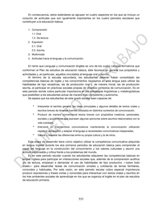 En consecuencia, estos estándares se agrupan en cuatro aspectos en los que se incluye un
conjunto de actitudes que son igualmente importantes en los cuatro periodos escolares que
constituyen a la educación básica:


    1. Comprensión
       1.1 Oral
       1.2 De lectura
    2. Expresión
       2.1. Oral
       2.2. Escrita
    3. Multimodal
    4. Actitudes hacia el lenguaje y la comunicación.


    En tanto que Lenguaje y comunicación (Inglés) es uno de los cuatro campos formativos que
conforman el Plan de estudios de educación básica, éste favorece en general sus propósitos y
actividades y, en particular, aquellos vinculados al lenguaje oral y escrito.
     Al término de la escuela secundaria, los estudiantes deberán haber consolidado las
competencias básicas de inglés y los conocimientos necesarios en esta lengua para utilizar las
habilidades de tipo receptivas, las de producción oral y, de manera inicial, las de producción
escrita, al participar en prácticas sociales propias de diversos contextos de comunicación. Es en
este periodo donde cobra particular importancia el uso estrategias lingüísticas y metalingüísticas
que posibiliten a los estudiantes actuar de manera más competente y autónoma.
     Se espera que los estudiantes de este grado escolar sean capaces de:

        •   Interpretar el sentido general, las ideas principales y algunos detalles de textos orales y
            escritos breves de diversas fuentes utilizados en distintos contextos de comunicación.
        •   Producir de manera convencional textos breves con propósitos creativos, personales,
            sociales y académicos que expresen algunas opiniones sobre asuntos relacionados con la
            vida cotidiana.
        •   Intervenir en intercambios comunicativos manteniendo la comunicación utilizando
            registros apropiados y adaptar el lenguaje a necesidades comunicativas inesperadas.
        •   Valorar y respetar las diferencias entre su propia cultura y la de otros.

      Esta etapa de desarrollo tiene como objetivo utilizar la competencia comunicativa adquirida
en lengua inglesa durante los dos primeros periodos de educación básica para comprender el
papel del lenguaje en la construcción del conocimiento y los valores culturales y asumir una
actitud responsable y crítica frente a los problemas del mundo.
      Es en este periodo escolar cuando los estudiantes adquieren las competencias básicas en
lengua inglesa para participar en interacciones sociales que, además de la comprensión auditiva
y/o de lectura, empiezan a demandar el uso de habilidades de tipo productivo —sobre todo
orales— para desarrollar tareas de comunicación simples y cotidianas de temas familiares,
conocidos y habituales. Por esta razón, en este periodo escolar cobra especial importancia
producir expresiones y frases cortas y conocidas para interactuar con textos orales y escritos en
los tres ambientes sociales de aprendizaje en los que se organiza el Inglés en el plan de estudios
de educación primaria.




                                                  553
 