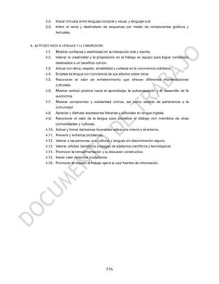 3.4.   Hacer vínculos entre lenguaje corporal y visual, y lenguaje oral
          3.5.   Inferir el tema y destinatario de esquemas por medio de componentes gráficos y
                 textuales.


4. ACTITUDES HACIA EL LENGUAJE Y LA COMUNICACIÓN
          4.1.   Mostrar confianza y asertividad en la interacción oral y escrita.
          4.2.   Valorar la creatividad y la proposición en el trabajo en equipo para lograr consensos
                 destinados a un beneficio común.
          4.3.   Actuar con ética, respeto, amabilidad y cortesía en la convivencia cotidiana.
          4.4.   Emplear la lengua con conciencia de sus efectos sobre otros
          4.5.   Reconocer el valor de entretenimiento que ofrecen diferentes manifestaciones
                 culturales
          4.6.   Mostrar actitud positiva hacia el aprendizaje, la autoevaluación y el desarrollo de la
                 autonomía.
          4.7.   Mostrar compromiso y solidaridad cívicos, así como sentido de pertenencia a la
                 comunidad
          4.8.   Apreciar y disfrutar expresiones literarias y culturales en lengua inglesa.
          4.9.   Reconocer el valor de la lengua para promover el diálogo con miembros de otras
                 comunidades y culturas.
          4.10. Actuar y tomar decisiones favorables sobre uno mismo y el entorno.
          4.11. Prevenir y enfrentar problemas.
          4.12. Valorar a las personas, sus culturas y lenguas sin discriminación alguna.
          4.13. Valorar utilidad, beneficios y riesgos de adelantos científicos y tecnológicos.
          4.14. Promover la retroalimentación y la discusión constructiva
          4.15. Hacer valer derechos ciudadanos.
          4.16. Promover el respeto al trabajo ajeno al usar fuentes de información.




                                                   556
 