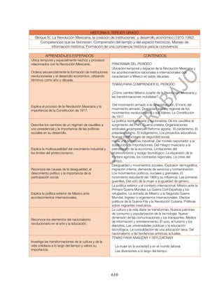 HISTORIA II. TERCER GRADO
  Bloque IV. La Revolución Mexicana, la creación de instituciones y desarrollo económico (1910-1982)
     Competencias que se favorecen: Comprensión del tiempo y del espacio históricos, Manejo de
            información histórica, Formación de una conciencia histórica para la convivencia

          APRENDIZAJES ESPERADOS                                                 CONTENIDOS
Ubica temporal y espacialmente hechos y procesos
relacionados con la Revolución Mexicana.                  PANORAMA DEL PERIODO
                                                          Ubicación temporal y espacial de la Revolución Mexicana y
Ordena secuencialmente la formación de instituciones      los acontecimientos nacionales e internacionales que
revolucionarias y el desarrollo económico, utilizando     caracterizan a México en estas décadas.
términos como año y década.
                                                          TEMAS PARA COMPRENDER EL PERIODO

                                                          ¿Cómo cambio México a partir de la Revolución Mexicana y
                                                          las transformaciones mundiales?

                                                           Del movimiento armado a la reconstrucción. El inicio del
Explica el proceso de la Revolución Mexicana y la
                                                          movimiento armado. Diversidad social y regional de los
importancia de la Constitución de 1917.
                                                          movimientos revolucionarios y sus líderes. La Constitución
                                                          de 1917.
                                                          La política revolucionaria y nacionalista. De los caudillos al
Describe los cambios de un régimen de caudillos a         surgimiento del PNR. Guerra cristera. Organizaciones
uno presidencial y la importancia de las políticas        sindicales y campesinas. Reforma agraria. El cardenismo. El
sociales en su desarrollo.                                presidencialismo. El indigenismo. Los proyectos educativos.
                                                          Nuevas instituciones de seguridad social.
                                                          Hacia una economía industrial. Del modelo exportador a la
                                                          sustitución de importaciones. Del milagro mexicano a la
Explica la multicausalidad del crecimiento industrial y   petrolización de la economía. Limitaciones del
los límites del proteccionismo.                           proteccionismo y rezago tecnológico. La expansión de la
                                                          frontera agrícola, los contrastes regionales. La crisis del
                                                          campo.
                                                          Desigualdad y movimientos sociales. Explosión demográfica,
Reconoce las causas de la desigualdad, el                 migración interna, demanda de servicios y contaminación.
descontento político y la importancia de la               Los movimientos políticos, sociales y gremiales. El
participación social.                                     movimiento estudiantil del 1968 y su influencia. Las primeras
                                                          guerrillas. Del voto de la mujer a la igualdad de género.
                                                          La política exterior y el contexto internacional. México ante la
                                                          Primera Guerra Mundial. La Guerra Civil Española y los
Explica la política exterior de México ante               refugiados. La entrada de México a la Segunda Guerra
acontecimientos internacionales.                          Mundial. Ingreso a organismos internacionales. Efectos
                                                          políticos de la Guerra Fría y la Revolución Cubana. Políticas
                                                          sobre migrantes mexicanos.
                                                          La cultura y la vida diaria se transforman. Nuevos patrones
                                                          de consumo y popularización de la tecnología. Nueva
                                                          dimensión de las comunicaciones y los transportes. Medios
Reconoce los elementos del nacionalismo
                                                          de información y entretenimiento. El ocio, el turismo y los
revolucionario en el arte y la educación.
                                                          deportes. Las universidades públicas y la educación
                                                          tecnológica. La consolidación de una educación laica. Del
                                                          nacionalismo a las tendencias artísticas actuales.
                                                          TEMAS PARA ANALIZAR Y REFLEXIONAR
Investiga las transformaciones de la cultura y de la
vida cotidiana a lo largo del tiempo y valora su            La mujer en la sociedad y en el mundo laboral.
importancia.                                                Las diversiones a lo largo del tiempo.




                                                          610
 
