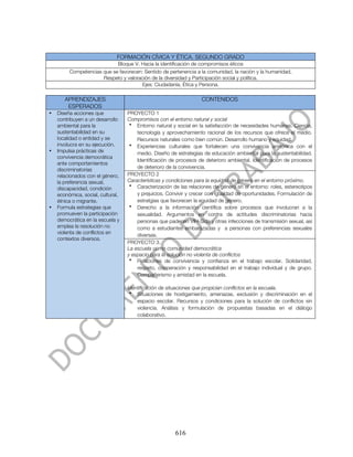 FORMACIÓN CÍVICA Y ÉTICA. SEGUNDO GRADO
                            Bloque V. Hacia la identificación de compromisos éticos
         Competencias que se favorecen: Sentido de pertenencia a la comunidad, la nación y la humanidad,
                      Respeto y valoración de la diversidad y Participación social y política.
                                       Ejes: Ciudadanía, Ética y Persona.

       APRENDIZAJES                                                CONTENIDOS
        ESPERADOS
•   Diseña acciones que            PROYECTO 1
    contribuyen a un desarrollo    Compromisos con el entorno natural y social
    ambiental para la               • Entorno natural y social en la satisfacción de necesidades humanas. Ciencia,
    sustentabilidad en su              tecnología y aprovechamiento racional de los recursos que ofrece el medio.
    localidad o entidad y se           Recursos naturales como bien común. Desarrollo humano y equidad.
    involucra en su ejecución.      • Experiencias culturales que fortalecen una convivencia armónica con el
•   Impulsa prácticas de               medio. Diseño de estrategias de educación ambiental para la sustentabilidad.
    convivencia democrática
                                       Identificación de procesos de deterioro ambiental. Identificación de procesos
    ante comportamientos
    discriminatorias                   de deterioro de la convivencia.
    relacionados con el género,    PROYECTO 2
    la preferencia sexual,         Características y condiciones para la equidad de género en el entorno próximo.
                                    • Caracterización de las relaciones de género en el entorno: roles, estereotipos
    discapacidad, condición
    económica, social, cultural,       y prejuicios. Convivir y crecer con igualdad de oportunidades. Formulación de
    étnica o migrante.                 estratgias que favorecen la equidad de género.
•   Formula estrategias que         • Derecho a la información científica sobre procesos que involucran a la
    promueven la participación         sexualidad. Argumentos en contra de actitudes discriminatorias hacia
    democrática en la escuela y        personas que padecen VIH-Sida y otras infecciones de transmisión sexual, así
    emplea la resolución no            como a estudiantes embarazadas y a personas con preferencias sexuales
    violenta de conflictos en
                                       diversas.
    contextos diversos.
                                   PROYECTO 3.
                                   La escuela como comunidad democrática
                                   y espacio para la solución no violenta de conflictos
                                    • Relaciones de convivencia y confianza en el trabajo escolar. Solidaridad,
                                       respeto, cooperación y responsabilidad en el trabajo individual y de grupo.
                                       Compañerismo y amistad en la escuela.

                                   Identificación de situaciones que propician conflictos en la escuela.
                                    • Situaciones de hostigamiento, amenazas, exclusión y discriminación en el
                                       espacio escolar. Recursos y condiciones para la solución de conflictos sin
                                       violencia. Análisis y formulación de propuestas basadas en el diálogo
                                       colaborativo.




                                                        616
 
