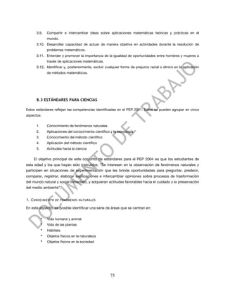3.9.     Compartir e intercambiar ideas sobre aplicaciones matemáticas teóricas y prácticas en el
               mundo.
      3.10. Desarrollar capacidad de actuar de manera objetiva en actividades durante la resolución de
               problemas matemáticos.
      3.11. Entender y promover la importancia de la igualdad de oportunidades entre hombres y mujeres a
               través de aplicaciones matemáticas.
      3.12. Identificar y, posteriormente, excluir cualquier forma de prejuicio racial o étnico en la aplicación
               de métodos matemáticos.




      8.3 ESTÁNDARES PARA CIENCIAS

Estos estándares reflejan las competencias identificadas en el PEP 2011. Estos se pueden agrupar en cinco
aspectos:


      1.       Conocimiento de fenómenos naturales
      2.       Aplicaciones del conocimiento científico y la tecnología
      3.       Conocimiento del método científico
      4.       Aplicación del método científico
      5.       Actitudes hacia la ciencia


    El objetivo principal de este conjunto de estándares para el PEP 2004 es que los estudiantes de
esta edad y los que hayan sido instruidos: “Se interesen en la observación de fenómenos naturales y
participen en situaciones de experimentación que les brinde oportunidades para preguntar, predecir,
comparar, registrar, elaborar explicaciones e intercambiar opiniones sobre procesos de trasformación
del mundo natural y social inmediato, y adquieran actitudes favorables hacia el cuidado y la preservación
del medio ambiente”.


1. C ONOCIMIENTO DE FENÓMENOS NATURALES

En este aspecto, es posible identificar una serie de áreas que se centran en:

           •   Vida humana y animal
           •   Vida de las plantas
           •   Hábitats
           •   Objetos físicos en la naturaleza
           •   Objetos físicos en la sociedad




                                                        73
 