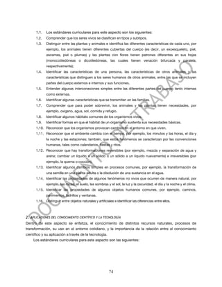 1.1.   Los estándares curriculares para este aspecto son los siguientes:
      1.2.   Comprender que los seres vivos se clasifican en tipos y subtipos.
      1.3.   Distinguir entre las plantas y animales e identifica las diferentes características de cada uno, por
             ejemplo, los animales tienen diferentes cubiertas del cuerpo (es decir, un exoesqueleto, piel,
             escamas, piel o plumas) y las plantas con flores tienen patrones diferentes en sus hojas
             (monocotiledóneas o dicotiledóneas, las cuales tienen venación bifurcada y paralela,
             respectivamente);
      1.4.   Identificar las características de una persona, las características de otros animales y las
             características que distinguen a los seres humanos de otros animales, entre las que se incluyen
             partes del cuerpo externos e internos y sus funciones.
      1.5.   Entender algunas interconexiones simples entre las diferentes partes del cuerpo tanto internas
             como externas.
      1.6.   Identificar algunas características que se transmiten en las familias.
      1.7.   Comprender que para poder sobrevivir, los animales y las plantas tienen necesidades, por
             ejemplo, oxígeno, agua, sol, comida y refugio.
      1.8.   Identificar algunos hábitats comunes de los organismos vivos.
      1.9.   Identificar formas en que el hábitat de un organismo sustenta sus necesidades básicas.
      1.10. Reconocer que los organismos provocan cambios en el entorno en que viven.
      1.11. Reconocer que el ambiente cambia con el tiempo, por ejemplo, los minutos y las horas, el día y
             la noche y las estaciones; también, que estos fenómenos se caracterizan por las convenciones
             humanas, tales como calendarios, fiestas y ritos.
      1.12. Reconocer que hay transformaciones reversibles (por ejemplo, mezcla y separación de agua y
             arena; cambiar un líquido a un sólido o un sólido a un líquido nuevamente) e irreversibles (por
             ejemplo, la quema o cocción).
      1.13. Identificar algunos cambios simples en procesos comunes, por ejemplo, la transformación de
             una semilla en una planta adulta o la disolución de una sustancia en el agua.
      1.14. Identificar las propiedades de algunos fenómenos no vivos que ocurren de manera natural, por
             ejemplo, las rocas, el suelo, las sombras y el sol, la luz y la oscuridad, el día y la noche y el clima.
      1.15. Identificar las propiedades de algunos objetos humanos comunes, por ejemplo, caminos,
             pavimentos, ladrillos y ventanas.
      1.16. Distinguir entre objetos naturales y artificiales e identificar las diferencias entre ellos.



2. APLICACIONES DEL CONOCIMIENTO CIENTÍFICO Y LA TECNOLOGÍA
Dentro de este aspecto se enfatiza, el conocimiento de distintos recursos naturales, procesos de
transformación, su uso en el entorno cotidiano, y la importancia de la relación entre el conocimiento
científico y su aplicación a través de la tecnología.
     Los estándares curriculares para este aspecto son las siguientes:




                                                           74
 
