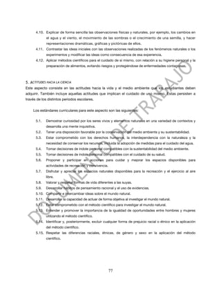 4.10. Explicar de forma sencilla las observaciones físicas y naturales, por ejemplo, los cambios en
             el agua y el viento, el movimiento de las sombras o el crecimiento de una semilla, y hacer
             representaciones dramáticas, gráficas y pictóricas de ellos.
      4.11. Contrastar las ideas iniciales con las observaciones realizadas de los fenómenos naturales o los
             experimentos y modificar las ideas como consecuencia de esa experiencia.
      4.12. Aplicar métodos científicos para el cuidado de sí mismo, con relación a su higiene personal y la
             preparación de alimentos, evitando riesgos y protegiéndose de enfermedades contagiosas.



5. ACTITUDES HACIA LA CIENCIA
Este aspecto consiste en las actitudes hacia la vida y el medio ambiente que los estudiantes deben
adquirir. También incluye aquellas actitudes que implican el cuidado de uno mismo. Estas persisten a
través de los distintos periodos escolares.


    Los estándares curriculares para este aspecto son las siguientes:

      5.1.   Demostrar curiosidad por los seres vivos y elementos naturales en una variedad de contextos y
             desarrolla una mente inquisitiva.
      5.2.   Tener una disposición favorable por la conservación del medio ambiente y su sustentabilidad.
      5.3.   Estar comprometido con los derechos humanos, la interdependencia con la naturaleza y la
             necesidad de conservar los recursos, incluida la adopción de medidas para el cuidado del agua.
      5.4.   Tomar decisiones de índole personal compatibles con la sustentabilidad del medio ambiente.
      5.5.   Tomar decisiones de índole personal compatibles con el cuidado de su salud.
      5.6.   Proponer y participar en acciones para cuidar y mejorar los espacios disponibles para
             actividades de recreación y convivencia.
      5.7.   Disfrutar y apreciar los espacios naturales disponibles para la recreación y el ejercicio al aire
             libre.
      5.8.   Valorar y respetar formas de vida diferentes a las suyas.
      5.9.   Desarrollar hábitos de pensamiento racional y el uso de evidencias.
      5.10. Compartir e intercambiar ideas sobre el mundo natural.
      5.11. Desarrollar la capacidad de actuar de forma objetiva al investigar el mundo natural.
      5.12. Estar comprometido con el método científico para investigar el mundo natural.
      5.13. Entender y promover la importancia de la igualdad de oportunidades entre hombres y mujeres
             utilizando el método científico.
      5.14. Identificar y, posteriormente, excluir cualquier forma de prejuicio racial o étnico en la aplicación
             del método científico.
      5.15. Respetar las diferencias raciales, étnicas, de género y sexo en la aplicación del método
             científico.




                                                        77
 