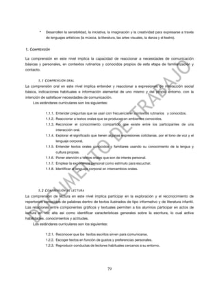 •    Desarrollen la sensibilidad, la iniciativa, la imaginación y la creatividad para expresarse a través
             de lenguajes artísticos (la música, la literatura, las artes visuales, la danza y el teatro).


1. COMPRENSIÓN

La comprensión en este nivel implica la capacidad de reaccionar a necesidades de comunicación
básicas y personales, en contextos rutinarios y conocidos propios de esta etapa de familiarización y
contacto.


        1.1 C OMPRENSIÓN ORAL
La comprensión oral en este nivel implica entender y reaccionar a expresiones de interacción social
básica, indicaciones habituales e información elemental de uno mismo y del propio entorno, con la
intención de satisfacer necesidades de comunicación.
    Los estándares curriculares son los siguientes:

            1.1.1. Entender preguntas que se usan con frecuencia en contextos rutinarios y conocidos.
            1.1.2. Reaccionar a textos orales que se producen en ambientes conocidos.
            1.1.3. Reconocer el conocimiento compartido que existe entre los participantes de una
                    interacción oral.
            1.1.4. Explorar el significado que tienen algunas expresiones cotidianas, por el tono de voz y el
                    lenguaje corporal.
            1.1.5. Entender textos orales conocidos y familiares usando su conocimiento de la lengua y
                    cultura propias.
            1.1.6. Poner atención a textos orales que son de interés personal.
            1.1.7. Emplear la experiencia personal como estímulo para escuchar.
            1.1.8. Identificar el lenguaje corporal en intercambios orales.




        1.2 C OMPRENSIÓN DE LECTURA
La comprensión de lectura en este nivel implica participar en la exploración y el reconocimiento de
repertorios conocidos de palabras dentro de textos ilustrados de tipo informativo y de literatura infantil.
Las relaciones entre componentes gráficos y textuales permiten a los alumnos participar en actos de
lectura en voz alta así como identificar características generales sobre la escritura, lo cual activa
habilidades, conocimientos y actitudes.
    Los estándares curriculares son los siguientes:

            1.2.1. Reconocer que los textos escritos sirven para comunicarse.
            1.2.2. Escoger textos en función de gustos y preferencias personales.
            1.2.3. Reproducir conductas de lectores habituales cercanos a su entorno.




                                                         79
 