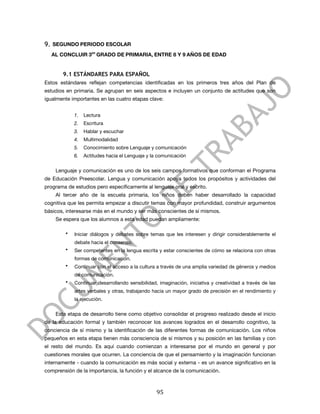  


9.     SEGUNDO PERIODO ESCOLAR
       AL CONCLUIR 3ER GRADO DE PRIMARIA, ENTRE 8 Y 9 AÑOS DE EDAD


           9.1 ESTÁNDARES PARA ESPAÑOL
Estos estándares reflejan competencias identificadas en los primeros tres años del Plan de
estudios en primaria. Se agrupan en seis aspectos e incluyen un conjunto de actitudes que son
igualmente importantes en las cuatro etapas clave:


               1.   Lectura
               2.   Escritura
               3.   Hablar y escuchar
               4.   Multimodalidad
               5.   Conocimiento sobre Lenguaje y comunicación
               6.   Actitudes hacia el Lenguaje y la comunicación


        Lenguaje y comunicación es uno de los seis campos formativos que conforman el Programa
de Educación Preescolar. Lengua y comunicación apoya todos los propósitos y actividades del
programa de estudios pero específicamente al lenguaje oral y escrito.
        Al tercer año de la escuela primaria, los niños deben haber desarrollado la capacidad
cognitiva que les permita empezar a discutir temas con mayor profundidad, construir argumentos
básicos, interesarse más en el mundo y ser más conscientes de sí mismos.
        Se espera que los alumnos a esta edad puedan ampliamente:

           •   Iniciar diálogos y debates sobre temas que les interesen y dirigir considerablemente el
               debate hacia el consenso.
           •   Ser competentes en la lengua escrita y estar conscientes de cómo se relaciona con otras
               formas de comunicación.
           •   Continuar con el acceso a la cultura a través de una amplia variedad de géneros y medios
               de comunicación.
           •   Continuar desarrollando sensibilidad, imaginación, iniciativa y creatividad a través de las
               artes verbales y otras, trabajando hacia un mayor grado de precisión en el rendimiento y
               la ejecución.


        Esta etapa de desarrollo tiene como objetivo consolidar el progreso realizado desde el inicio
de la educación formal y también reconocer los avances logrados en el desarrollo cognitivo, la
conciencia de sí mismo y la identificación de las diferentes formas de comunicación. Los niños
pequeños en esta etapa tienen más consciencia de sí mismos y su posición en las familias y con
el resto del mundo. Es aquí cuando comienzan a interesarse por el mundo en general y por
cuestiones morales que ocurren. La conciencia de que el pensamiento y la imaginación funcionan
internamente - cuando la comunicación es más social y externa - es un avance significativo en la
comprensión de la importancia, la función y el alcance de la comunicación.



	
                                                  95	
  
 