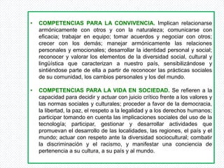 •   COMPETENCIAS PARA LA CONVIVENCIA. Implican relacionarse
    armónicamente con otros y con la naturaleza; comunicarse con
    eficacia; trabajar en equipo; tomar acuerdos y negociar con otros;
    crecer con los demás; manejar armónicamente las relaciones
    personales y emocionales; desarrollar la identidad personal y social;
    reconocer y valorar los elementos de la diversidad social, cultural y
    lingüística que caracterizan a nuestro país, sensibilizándose y
    sintiéndose parte de ella a partir de reconocer las prácticas sociales
    de su comunidad, los cambios personales y los del mundo.

•   COMPETENCIAS PARA LA VIDA EN SOCIEDAD. Se refieren a la
    capacidad para decidir y actuar con juicio crítico frente a los valores y
    las normas sociales y culturales; proceder a favor de la democracia,
    la libertad, la paz, el respeto a la legalidad y a los derechos humanos;
    participar tomando en cuenta las implicaciones sociales del uso de la
    tecnología; participar, gestionar y desarrollar actividades que
    promuevan el desarrollo de las localidades, las regiones, el país y el
    mundo; actuar con respeto ante la diversidad sociocultural; combatir
    la discriminación y el racismo, y manifestar una conciencia de
    pertenencia a su cultura, a su país y al mundo.
 