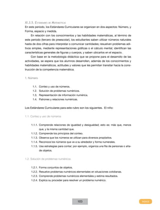 XI.3.5. Estándares   de   Matemáticas
En este periodo, los Estándares Curriculares se organizan en dos aspectos: Número, y
Forma, espacio y medida.
    En relación con los conocimientos y las habilidades matemáticas, al término de
este periodo (tercero de preescolar), los estudiantes saben utilizar números naturales
hasta de dos cifras para interpretar o comunicar cantidades; resuelven problemas adi-
tivos simples, mediante representaciones gráficas o el cálculo mental; identifican las
características generales de figuras y cuerpos, y saben ubicarlos en el espacio.
    Con base en la metodología didáctica que se propone para el desarrollo de las
actividades, se espera que los alumnos desarrollen, además de los conocimientos y
habilidades matemáticos, actitudes y valores que les permitan transitar hacia la cons-
trucción de la competencia matemática.


1. Número


      1.1.	 Conteo y uso de números.
      1.2.	 Solución de problemas numéricos.
      1.3.	 Representación de información numérica.
      1.4.	 Patrones y relaciones numéricas.


Los Estándares Curriculares para este rubro son los siguientes. El niño:


1.1. Conteo y uso de números


     1.1.1.	Comprende relaciones de igualdad y desigualdad; esto es: más que, menos
            que, y la misma cantidad que.
     1.1.2.	 Comprende los principios del conteo.
     1.1.3.	 Observa que los números se utilizan para diversos propósitos.
     1.1.4.	 Reconoce los números que ve a su alrededor y forma numerales.
     1.1.5.	 Usa estrategias para contar; por ejemplo, organiza una fila de personas o aña-
            de objetos.


1.2. Solución de problemas numéricos


     1.2.1.	 Forma conjuntos de objetos.
     1.2.2.	 Resuelve problemas numéricos elementales en situaciones cotidianas.
     1.2.3.	 Comprende problemas numéricos elementales y estima resultados.
     1.2.4.	 Explica su proceder para resolver un problema numérico.




                                            103
 