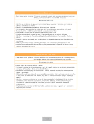 A specto : M undo   natural


C ompetencia que   se favorece :   Participa en acciones de cuidado de la naturaleza, la valora y muestra sen-
                                   sibilidad y comprensión sobre la necesidad de preservarla

                                            A prendizajes   esperados


•	Identifica las condiciones de agua, luz, nutrimentos e higiene requeridas y favorables para la vida de
  plantas y animales de su entorno.
•	Identifica circunstancias ambientales que afectan la vida en la escuela.
•	Conversa sobre algunos problemas ambientales de la comunidad y sus repercusiones en la salud.
•	Busca soluciones a problemas ambientales de su escuela y comunidad.
•	Comprende que forma parte de un entorno que necesita y debe cuidar.
•	Practica medidas para el cuidado del agua y el aprovechamiento de los recursos naturales.
•	Identifica y explica algunos efectos favorables y desfavorables de la acción humana sobre el entorno
  natural.
•	Propone y participa en acciones para cuidar y mejorar los espacios disponibles para la recreación y la
  convivencia.
•	Disfruta y aprecia los espacios naturales y disponibles para la recreación y el ejercicio al aire libre.
•	Practica y promueve medidas de protección y cuidado a los animales domésticos, las plantas y otros
  recursos naturales de su entorno.




                                       A specto : C ultura   y vida social


C ompetencia que   se favorece :   Establece relaciones entre el presente y el pasado de su familia y comuni-
                                   dad mediante objetos, situaciones cotidianas y prácticas culturales

                                            A prendizajes   esperados


•	Indaga acerca de su historia personal y familiar.
•	Comparte anécdotas de su historia personal a partir de lo que le cuentan sus familiares y, de ser posible,
  con apoyo de fotografías y diarios personales o familiares.
•	Representa, mediante el juego, la dramatización o el dibujo, diferentes hechos de su historia personal,
  familiar y comunitaria.
•	Obtiene información con adultos de su comunidad (acerca de cómo vivían, qué hacían cuando eran niños
  o niñas, cómo era entonces la calle, el barrio, el pueblo o la colonia donde ahora viven), la registra y la
  explica.
•	Identifica y explica los cambios en las formas de vida de sus padres y abuelos partiendo de utensilios
  domésticos u otros objetos de uso cotidiano, herramientas de trabajo, medios de transporte y de
  comunicación, y del conocimiento de costumbres en cuanto a juegos, vestimenta, festividades
  y alimentación.
•	Imagina su futuro y expresa, con distintos medios, sus ideas sobre lo que le gustaría ser y hacer como
  integrante de la sociedad.




                                                        113
 