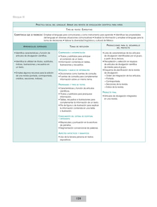 Bloque III

                           P ráctica   social del lenguaje :   A rmar   una revista de divulgación científica para niños

                                                            T ipo   de texto :   E xpositivo

 Competencias   que se favorecen:    Emplear el lenguaje para comunicarse y como instrumento para aprender • Identificar las propiedades
                                     del lenguaje en diversas situaciones comunicativas • Analizar la información y emplear el lenguaje para la
                                     toma de decisiones • Valorar la diversidad lingüística y cultural de México

                                                                                                         P roducciones      para el desarrollo
            A prendizajes    esperados                            T emas   de reflexión
                                                                                                                        del proyecto


 •	Identifica características y función de          Comprensión     e interpretación                 •	Lista de características de los artículos
   artículos de divulgación científica.             •	Títulos y subtítulos para anticipar              de divulgación identificadas por el grupo,
                                                      el contenido de un texto.                        a partir de su lectura.
 •	Identifica la utilidad de títulos, subtítulos,   •	Información contenida en tablas,               •	Recopilación y selección en equipos
   índices, ilustraciones y recuadros en              ilustraciones y recuadros.                       de artículos de divulgación científica
   un texto.                                                                                           de interés para el grupo.
                                                    Búsqueda   y manejo de información               •	Esquema de planificación de la revista
 •	Emplea algunos recursos para la edición          •	Diccionarios como fuentes de consulta.           de divulgación:
   de una revista (portada, contraportada,          •	Fuentes de consulta para complementar            ––Orden de integración de los artículos.
   créditos, secciones, índices).                     información sobre un mismo tema.                 ––Portada.
                                                                                                       ––Contraportada.
                                                    Propiedades    y tipos de textos                   ––Secciones de la revista.
                                                                                                       ––Índice de la revista.
                                                    •	Características y función de artículos
                                                      científicos.
                                                                                                     Producto   final
                                                    •	Títulos y subtítulos para jerarquizar
                                                      información.                                   •	Artículos de divulgación integrados
                                                    •	Tablas, recuadros e ilustraciones para           en una revista.
                                                      complementar la información de un texto.
                                                    •	Pie de figura o de ilustración para explicar
                                                      la información contenida en una tabla
                                                      o ilustración.

                                                    Conocimiento    del sistema de escritura
                                                    y ortografía

                                                    •	Mayúsculas y puntuación en la escritura
                                                      de párrafos.
                                                    •	Segmentación convencional de palabras.

                                                    Aspectos   sintácticos y semánticos

                                                    •	Uso de la tercera persona en textos
                                                      expositivos.




                                                                           159
 