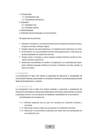 1. Comprensión.
    	   1.1. Comprensión oral.
    	   1.2. Comprensión de lectura.
    2. Expresión.
    	   2.1. Expresión oral.
    	   2.2. Expresión escrita.
    3. Multimodalidad.
    4. Actitudes hacia el lenguaje y la comunicación.


    Se espera que los alumnos:


    •	 Adquieran motivación y una actitud positiva hacia la existencia de otras culturas y
        lenguas; entre ellas, la lengua inglesa.
    •	 Empleen algunos recursos lingüísticos y no lingüísticos para interactuar con otros.
    •	 Se familiaricen con las principales funciones del lenguaje escrito y reconozcan al­
        gu­ as propiedades del sistema de escritura.
          n
    •	 Tengan acceso a la lengua y cultura inglesas mediante distintas fuentes de in­or­
                                                                                    f
        mación impresa o electrónica.
    •	 Desarrollen la sensibilidad, la iniciativa, la imaginación y la creatividad para ex­ re­
                                                                                          p
        sarse mediante lenguajes artísticos (la música, la literatura, las artes visuales, la
        danza y el teatro).


1. Comprensión
La comprensión en este nivel implica la capacidad de reaccionar a necesidades de
comunicación básicas y personales, en contextos rutinarios y conocidos propios de esta
etapa de familiarización y contacto.


1.1. Comprensión oral
La comprensión oral en este nivel implica entender y reaccionar a expresiones de
interacción social básica, indicaciones habituales e información elemental de uno mismo
y del propio entorno, con la intención de satisfacer necesidades de comunicación.
    Los Estándares Curriculares son:


     1.1.1.	Entender preguntas que se usan con frecuencia en contextos rutinarios y
           conocidos.
     1.1.2.	 Reaccionar a textos orales que se producen en ambientes conocidos.
     1.1.3.	Reconocer el conocimiento compartido que existe entre los participantes de
           una interacción oral.




                                               89
 