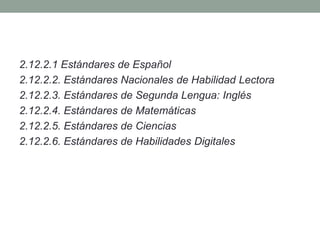 2.12.2.1 Estándares de Español
2.12.2.2. Estándares Nacionales de Habilidad Lectora
2.12.2.3. Estándares de Segunda Lengua: Inglés
2.12.2.4. Estándares de Matemáticas
2.12.2.5. Estándares de Ciencias
2.12.2.6. Estándares de Habilidades Digitales
 