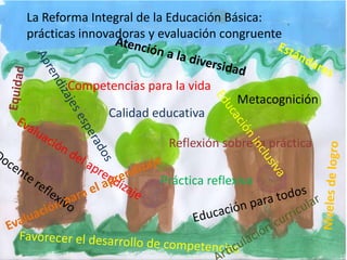 La Reforma Integral de la Educación Básica:
prácticas innovadoras y evaluación congruente


       Competencias para la vida
                                     Metacognición
              Calidad educativa

                         Reflexión sobre la práctica

                       Práctica reflexiva
 