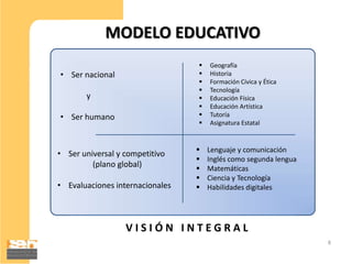 MODELO EDUCATIVO
                                    Geografía
• Ser nacional                      Historia
                                    Formación Cívica y Ética
                                    Tecnología
       y                            Educación Física
                                    Educación Artística
• Ser humano                        Tutoría
                                    Asignatura Estatal


                                    Lenguaje y comunicación
• Ser universal y competitivo
                                    Inglés como segunda lengua
         (plano global)             Matemáticas
                                    Ciencia y Tecnología
• Evaluaciones internacionales      Habilidades digitales




                  VISIÓN INTEGRAL
                                                                  8
 