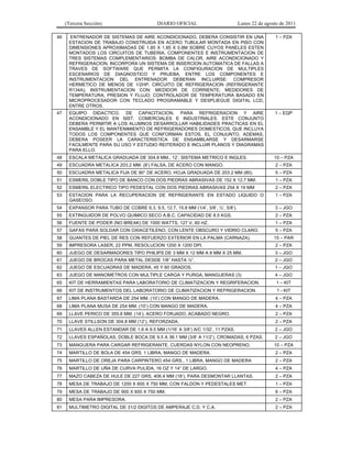 (Tercera Sección)                       DIARIO OFICIAL                         Lunes 22 de agosto de 2011

46     ENTRENADOR DE SISTEMAS DE AIRE ACONDICIONADO, DEBERA CONSISTIR EN UNA                        1 – PZA
      ESTACION DE TRABAJO CONSTRUIDA EN ACERO TUBULAR MONTADA EN PISO CON
      DIMENSIONES APROXIMADAS DE 1.85 X 1.85 X 0.8M SOBRE CUYOS PANELES ESTEN
      MONTADOS LOS CIRCUITOS DE TUBERIA, COMPONENTES E INSTRUMENTACION DE
      TRES SISTEMAS COMPLEMENTARIOS: BOMBA DE CALOR, AIRE ACONDICIONADO Y
      REFRIGERACION. INCORPORA UN SISTEMA DE INSERCION AUTOMATICA DE FALLAS A
      TRAVES DE SOFTWARE QUE PERMITA LA CONFIGURACION DE MULTIPLES
      ESCENARIOS DE DIAGNOSTICO Y PRUEBA. ENTRE LOS COMPONENTES E
      INSTRUMENTACION DEL ENTRENADOR DEBERAN INCLUIRSE: COMPRESOR
      HERMETICO DE MENOS DE 1/2HP; CIRCUITO DE REFRIGERACION (REFRIGERANTE
      R134A); INSTRUMENTACION CON: MEDIDOR DE CORRIENTE; MEDIDORES DE
      TEMPERATURA, PRESION Y FLUJO; CONTROLADOR DE TEMPERATURA BASADO EN
      MICROPROCESADOR CON TECLADO PROGRAMABLE Y DESPLIEGUE DIGITAL LCD,
      ENTRE OTROS.
47    EQUIPO DIDACTICO. DE CAPACITACION. PARA REFRIGERACION Y AIRE                                  1 – EQP
      ACONDICIONADO EN SIST. COMERCIALES E INDUSTRIALES. ESTE CONJUNTO
      DEBERA PERMITIR A LOS ALUMNOS DESARROLLAR HABILIDADES PRACTICAS EN EL
      ENSAMBLE Y EL MANTENIMIENTO DE REFRIGERADORES DOMESTICOS, QUE INCLUYA
      TODOS LOS COMPONENTES QUE CONFORMAN ESTOS. EL CONJUNTO, ADEMAS,
      DEBERA POSEER LA CARACTERISTICA DE ENSAMBLARSE Y DESARMARSE
      FACILMENTE PARA SU USO Y ESTUDIO REITERADO E INCLUIR PLANOS Y DIAGRAMAS
      PARA ELLO.
48    ESCALA METALICA GRADUADA DE 304.8 MM., 12’, SISTEMA METRICO E INGLES.                         10 – PZA
49    ESCUADRA METALICA 203.2 MM. (8’) FALSA, DE ACERO CON MANGO.                                   2 – PZA
50    ESCUADRA METALICA FIJA DE 90° DE ACERO, HOJA GRADUADA DE 203.2 MM (80).                       5 – PZA
51    ESMERIL DOBLE TIPO DE BANCO CON DOS PIEDRAS ABRASIVAS DE 152 X 12.7 MM.                       1 – PZA
52    ESMERIL ELECTRICO TIPO PEDESTAL CON DOS PIEDRAS ABRASIVAS 254 X 19 MM                         2 – PZA
53    ESTACION PARA LA RECUPERACION DE REFRIGERANTE EN ESTADO LIQUIDO O                             1 – PZA
      GASEOSO.
54    EXPANSOR PARA TUBO DE COBRE 6.3, 9.5, 12.7, 15.8 MM (1/4’, 3/8’, ½’, 5/8’).                   3 – JGO
55    EXTINGUIDOR DE POLVO QUIMICO SECO A.B.C. CAPACIDAD DE 8.5 KGS.                                2 – PZA
56    FUENTE DE PODER (NO BREAK) DE 1000 WATTS, 127 V, 60 HZ.                                       1 – PZA
57    GAFAS PARA SOLDAR CON OXIACETILENO, CON LENTE OBSCURO Y VIDRIO CLARO.                         5 – PZA
58    GUANTES DE PIEL DE RES CON REFUERZO EXTERIOR EN LA PALMA (CARNAZA).                           15 – PAR
59    IMPRESORA LASER, 22 PPM, RESOLUCION 1200 X 1200 DPI.                                          2 – PZA
60    JUEGO DE DESARMADORES TIPO PHILIPS DE 3 MM X 12 MM A 8 MM X 25 MM.                            3 – JGO
61    JUEGO DE BROCAS PARA METAL DESDE 1/8” HASTA ½”.                                               2 – JGO
62    JUEGO DE ESCUADRAS DE MADERA, 45 Y 60 GRADOS.                                                 1 – JGO
63    JUEGO DE MANOMETROS CON MULTIPLE CARGA Y PURGA, MANGUERAS (3)                                 4 – JGO
65    KIT DE HERRAMIENTAS PARA LABORATORIO DE CLIMATIZACION Y REGRIFERACION.                         1 – KIT
66    KIT DE INSTRUMENTOS DEL LABORATORIO DE CLIMATIZACION Y REFRIGERACION.                          1 - KIT
67    LIMA PLANA BASTARDA DE 254 MM. (10’) CON MANGO DE MADERA.                                     4 – PZA
68    LIMA PLANA MUSA DE 254 MM. (10’) CON MANGO DE MADERA.                                         4 – PZA
69    LLAVE PERICO DE 355.6 MM. (14’), ACERO FORJADO, ACABADO NEGRO.                                2 – PZA
70    LLAVE STILLSON DE 304.8 MM (12’), REFORZADA.                                                  2 – PZA
71    LLAVES ALLEN ESTANDAR DE 1.6 A 9.5 MM (1/16’ A 3/8’) A/C 1/32’, 11 PZAS.                      2 – JGO
72    LLAVES ESPAÑOLAS, DOBLE BOCA DE 9.5 A 38.1 MM (3/8’ A 11/2’), CROMADAS, 6 PZAS.               2 – JGO
73    MANGUERA PARA CARGAR REFRIGERANTE, CUERDAS NYLON CON NEOPRENO.                                10 – PZA
74    MARTILLO DE BOLA DE 454 GRS. 1 LIBRA, MANGO DE MADERA.                                        2 – PZA
75    MARTILLO DE OREJA PARA CARPINTERO 454 GRS., 1 LIBRA, MANGO DE MADERA                          2 – PZA
76    MARTILLO DE UÑA DE CURVA PULIDA, 16 OZ Y 14” DE LARGO.                                        4 – PZA
77    MAZO CABEZA DE HULE DE 227 GRS, 406.4 MM (18’), PARA DESMONTAR LLANTAS.                       2 – PZA
78    MESA DE TRABAJO DE 1200 X 600 X 750 MM, CON FALDON Y PEDESTALES MET.                          1 – PZA
79    MESA DE TRABAJO DE 900 X 600 X 750 MM.                                                        6 – PZA
80    MESA PARA IMPRESORA.                                                                          2 – PZA
81    MULTIMETRO DIGITAL DE 31/2 DIGITOS DE AMPERAJE C.D. Y C.A.                                    2 – PZA
 