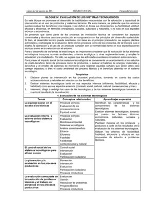 Lunes 22 de agosto de 2011                   DIARIO OFICIAL                               (Segunda Sección)

                      BLOQUE IV. EVALUACION DE LOS SISTEMAS TECNOLOGICOS
En este bloque se promueve el desarrollo de habilidades relacionadas con la valoración y capacidad de
intervención en el uso de productos y sistemas técnicos. De esta manera, se pretende que los alumnos
puedan evaluar los beneficios y los riesgos, y así definir en todas sus dimensiones, su factibilidad, utilidad,
eficacia y eficiencia, en términos energéticos, sociales, culturales y naturales, y no sólo en sus aspectos
técnicos o económicos.
Se pretende que como parte de los procesos de innovación técnica se consideren los aspectos
contextuales y técnicos para una producción en congruencia con los principios del desarrollo sustentable.
Si bien, el desarrollo técnico puede orientarse con base en el principio precautorio, se sugiere plantear
actividades y estrategias de evaluación, tanto de los procesos como de los productos, de tal manera que el
diseño, la operación y el uso de un producto cumplan con la normatividad tanto en sus especificaciones
técnicas como en su relación con el entorno.
Para el desarrollo de los temas de este bloque, es importante considerar que la evaluación de los sistemas
tecnológicos incorpora normas ambientales, criterios ecológicos y otras reglamentaciones, y emplea la
simulación y la modelación. Por ello, se sugiere que las actividades escolares consideren estos recursos.
Para prever el impacto social de los sistemas tecnológicos es conveniente un acercamiento a los estudios
de costo-beneficio, tanto de procesos como de productos, y evaluar el balance de energía, materiales y
desechos y el empleo de sistemas de monitoreo para registrar aquellas señales que serán útiles para
corregir impactos; o bien el costo ambiental del proceso técnico y el beneficio obtenido en el sistema
tecnológico.
                                                    Propósitos
1.    Elaborar planes de intervención en los procesos productivos, tomando en cuenta los costos
      socioeconómicos y naturales en relación con los beneficios.
2.    Evaluar sistemas tecnológicos tanto en sus aspectos internos (eficiencia, factibilidad, eficacia y
      fiabilidad) como en sus aspectos externos (contexto social, cultural, natural, consecuencias y fines).
3.    Intervenir, dirigir o redirigir los usos de las tecnologías y de los sistemas tecnológicos tomando en
      cuenta el resultado de la evaluación.
                                  4. Evaluación de los sistemas tecnológicos
            Temas                   Conceptos relacionados                  Aprendizajes esperados
La equidad social en el           Procesos técnicos                 Identifican las características     y los
acceso a las técnicas             Evaluación de los                 componentes        de     los    sistemas
                                  procesos técnicos                 tecnológicos.
                                  Equidad social                    Evalúan sistemas tecnológicos, tomando
                                                                    en cuenta los factores técnicos,
La evaluación interna y           Procesos técnicos
                                                                    económicos, culturales, sociales y
externa de los sistemas           Evaluación                        naturales.
tecnológicos                      Monitoreo ambiental               Plantean mejoras en los procesos y
                                  Sistemas tecnológicos             productos a partir de los resultados de la
                                  Análisis costo-beneficio          evaluación de los sistemas tecnológicos.
                                  Eficacia                          Utilizan los criterios de factibilidad,
                                  Eficiencia                        fiabilidad, eficiencia y eficacia en sus
                                  Fiabilidad                        propuestas de solución a problemas
                                  Factibilidad                      técnicos.
                                  Contexto social y natural
El control social de los          Control social
sistemas tecnológicos para        Intervención
el bien común                     Evaluación
                                  Participación ciudadana
La planeación y la                Planeación
evaluación en los procesos        Intervención
productivos                       Evaluación
                                  Participación ciudadana
                                  Procesos productivos
La evaluación como parte de       Evaluación
la resolución de problemas        Gestión
técnicos y el trabajo por         Resolución de problemas
proyectos en los procesos         Proyecto técnico
productivos
                                  Procesos productivos
 